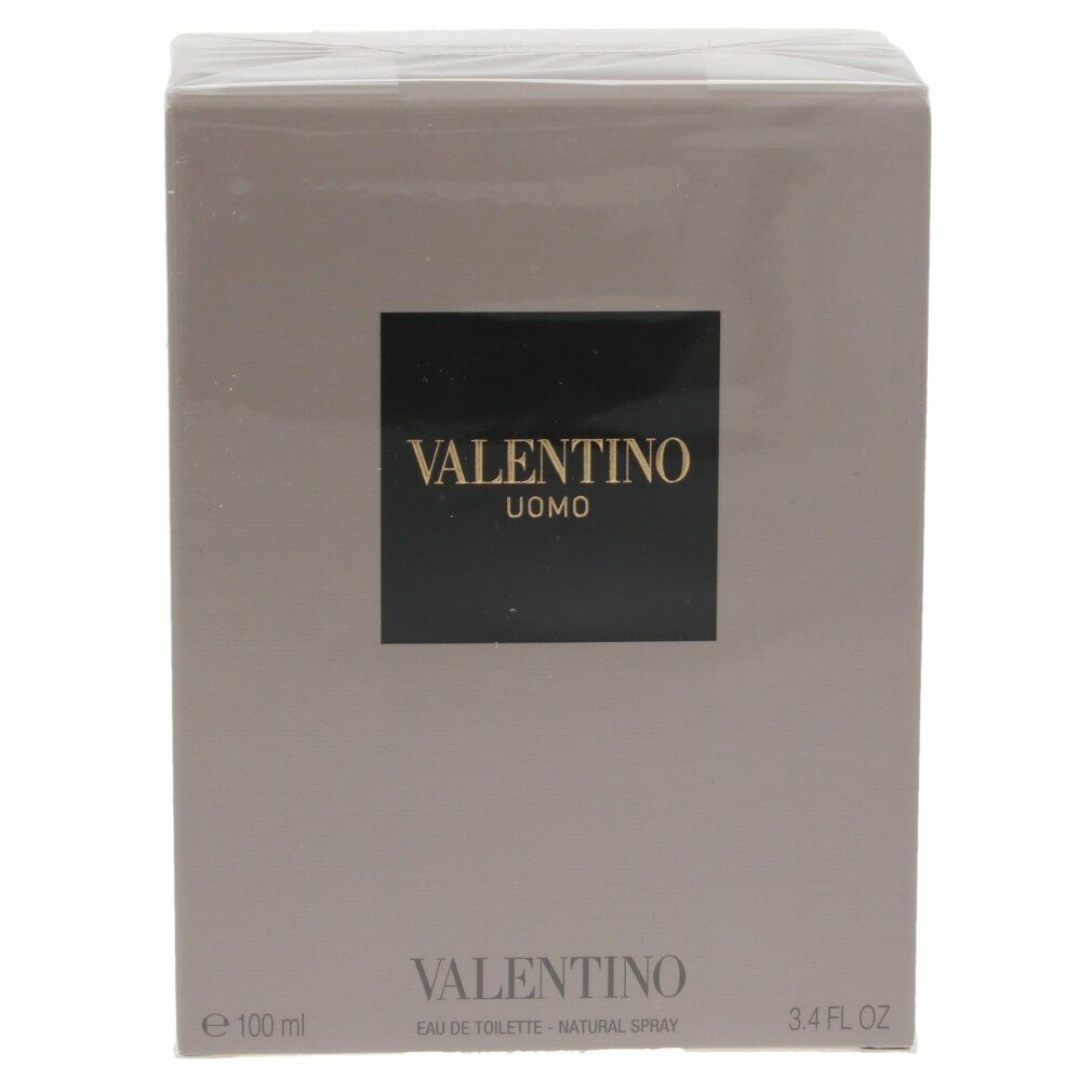 Parfümbox mit Valentino Uomo-Logo. Aufschrift: Eau de Toilette, Natural Spray. Volumen: 100 ml, 3.4 FL OZ.