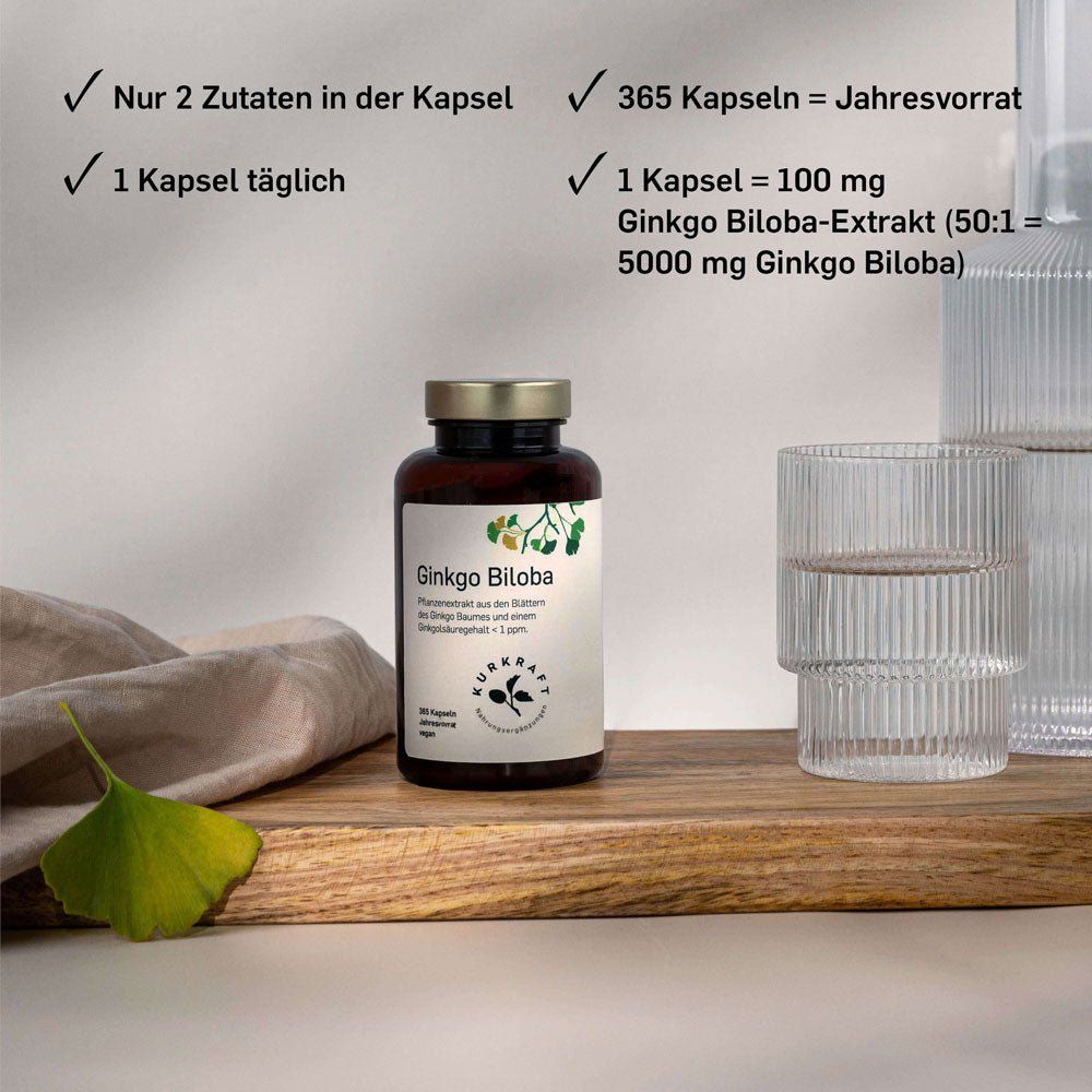 Braune Glasflasche mit Ginkgo Biloba Kapseln. Aufschrift: Ginkgo Biloba, Kurkraft. Neben Glas Wasser und Ginkgo-Blatt.