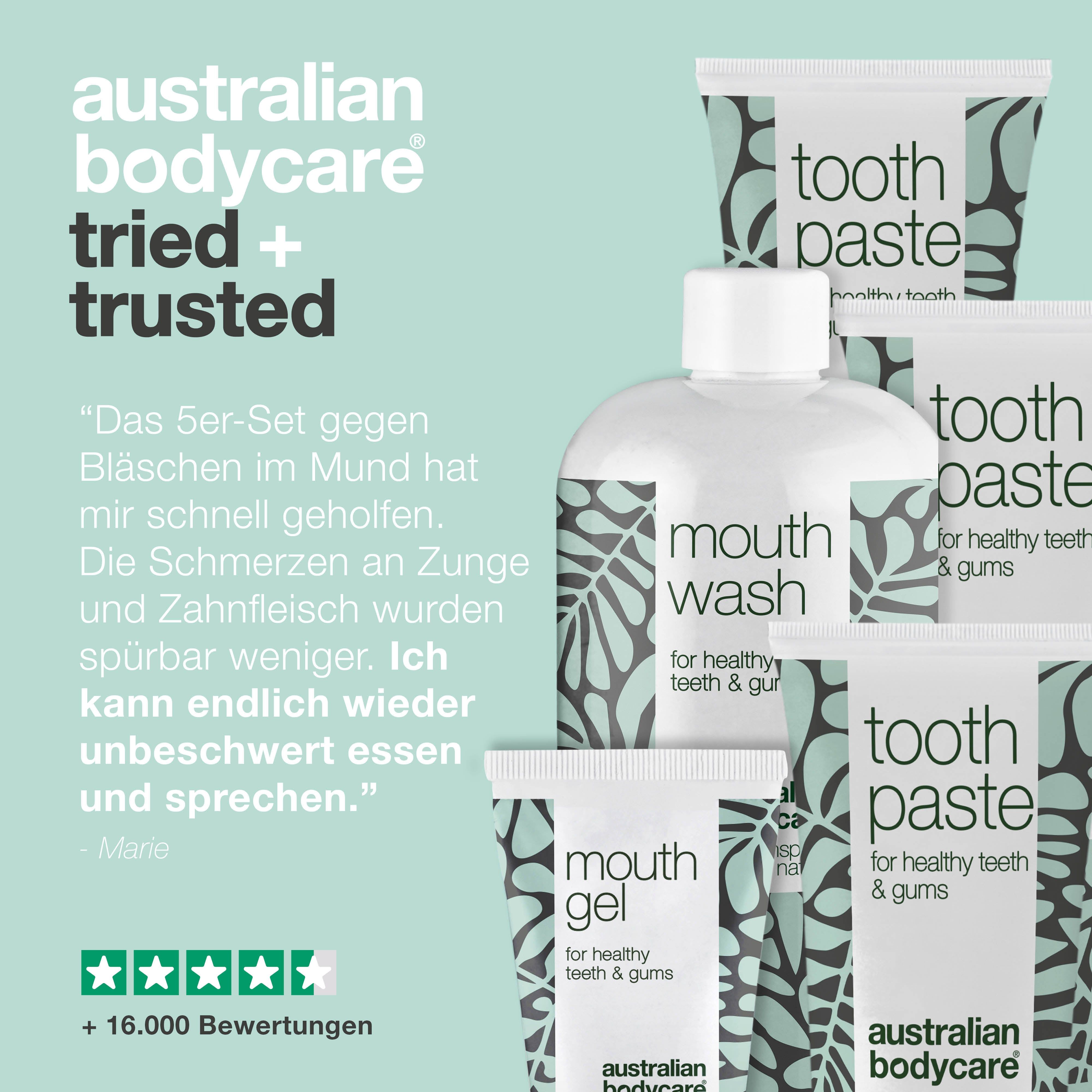 Produkt-Set mit Zahnpasta, Mundwasser und Mundgel. Text: Australian Bodycare. Kundenbewertung.