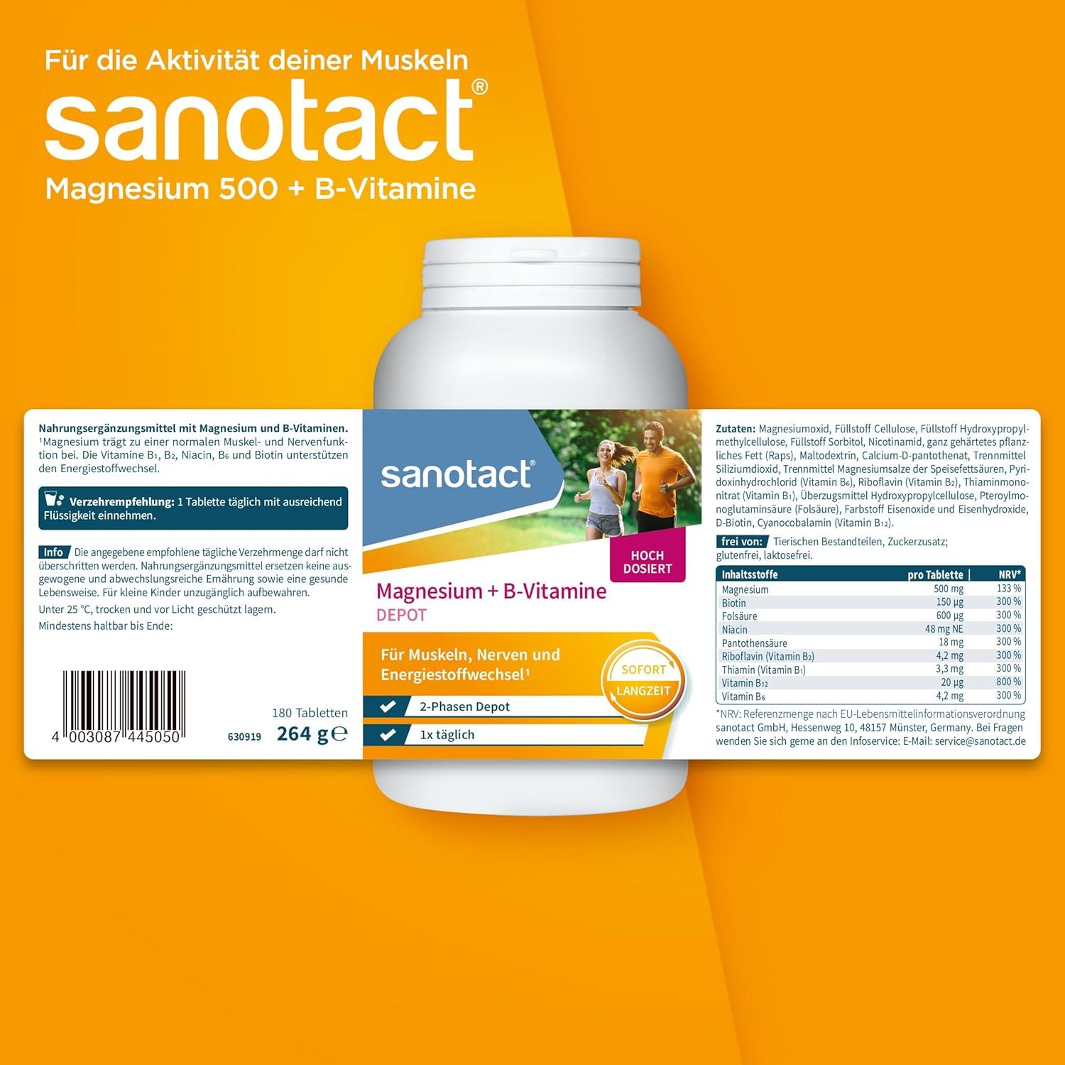 Weiße Flasche mit Sanotact Magnesium 500 + B-Vitamine Depot. Aufschrift: Für die Aktivität deiner Muskeln. 180 Tabletten.