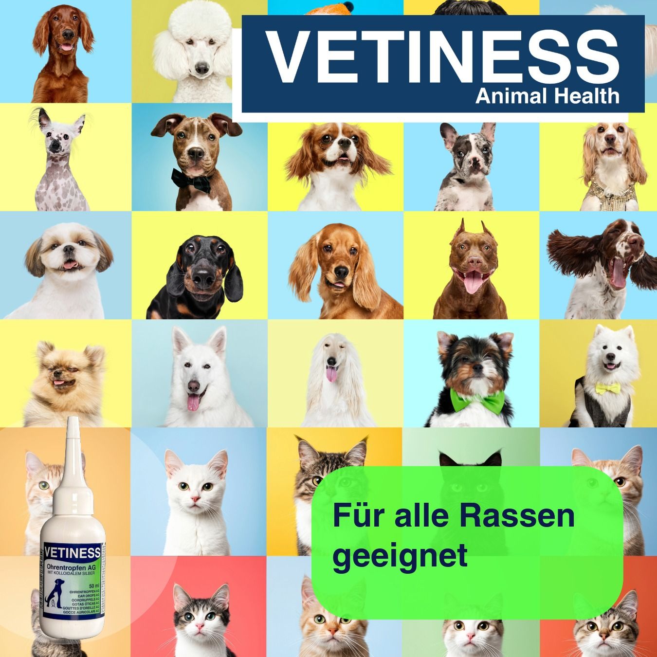 Collage von Hunden und Katzen. Produktflasche im Bild. Text: Für alle Rassen geeignet.
