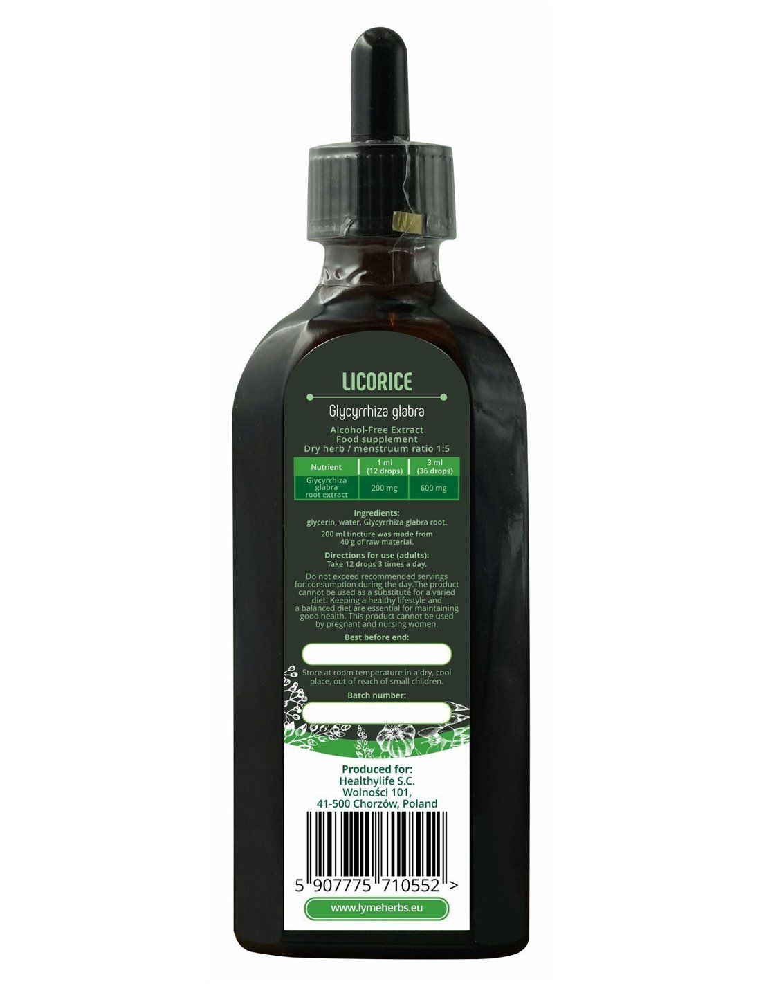 Rückseite der Flasche. Etikett mit Inhaltsstoffen, Nährwertangaben und Barcode. Text in Englisch. Grüner Hintergrund.