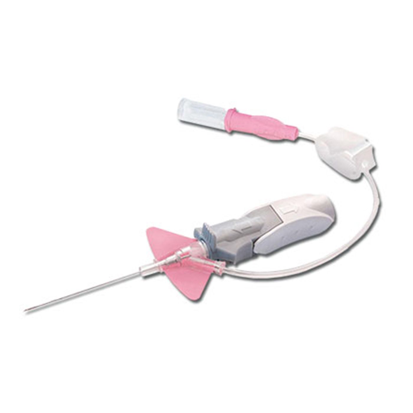 Medizinischer Katheter mit rosa Flügeln und Verschluss. Enthält eine Nadel und einen separaten Anschluss.