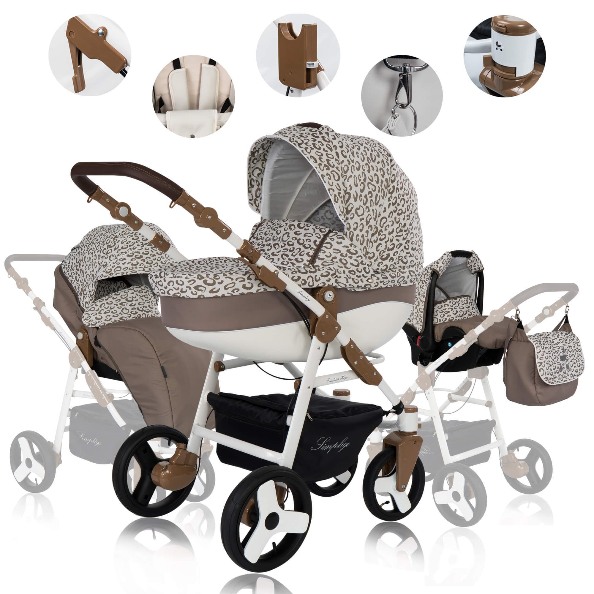 Friedrich Hugo Simpligo 4 in 1 Kinderwagen mit original Maxi Cosi, Leopard Beige (Stoff)