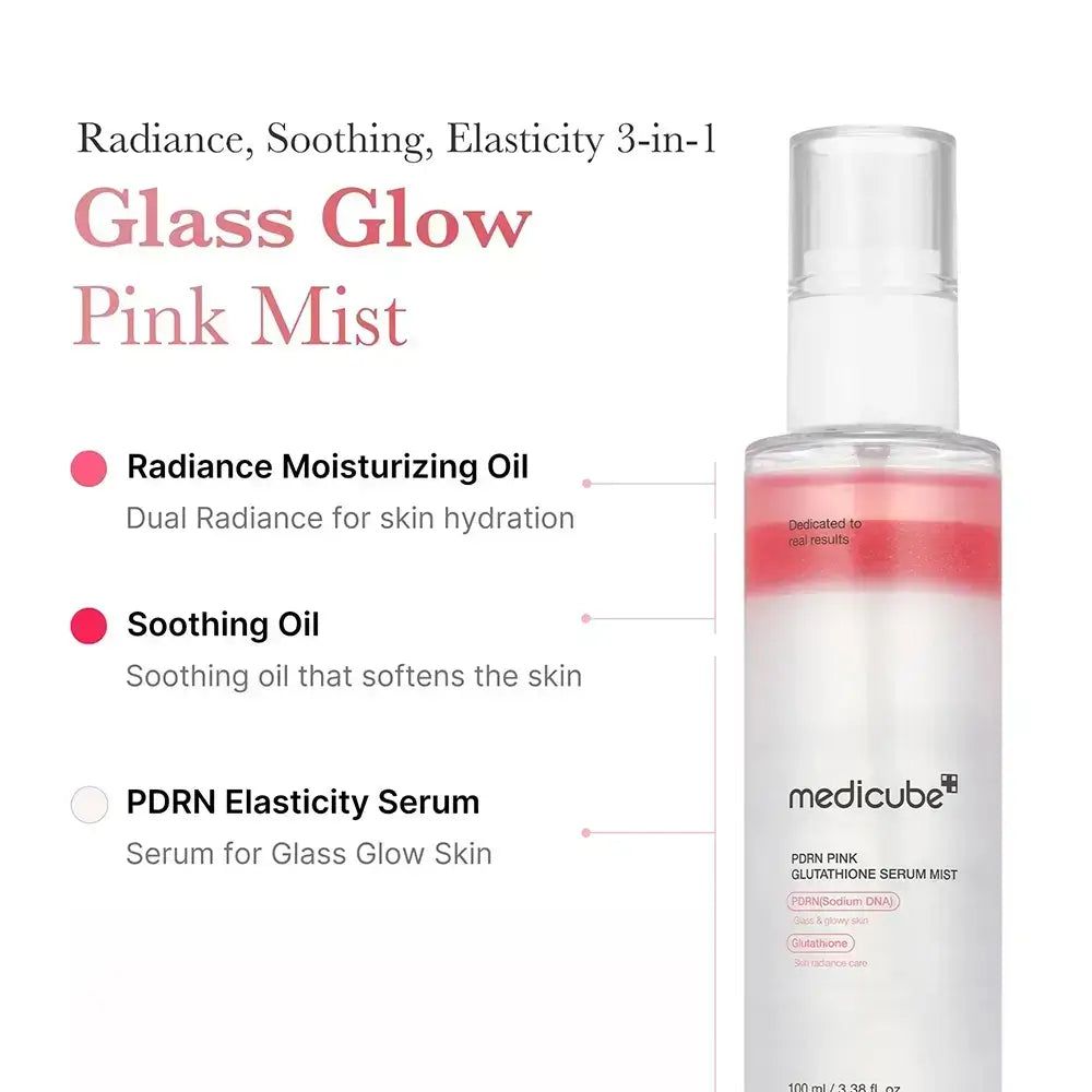 Medicube PDRN Pink Glutathione Serum Mist Flasche. Text beschreibt 3-in-1-Vorteile: Strahlkraft, Beruhigung, Elastizität.