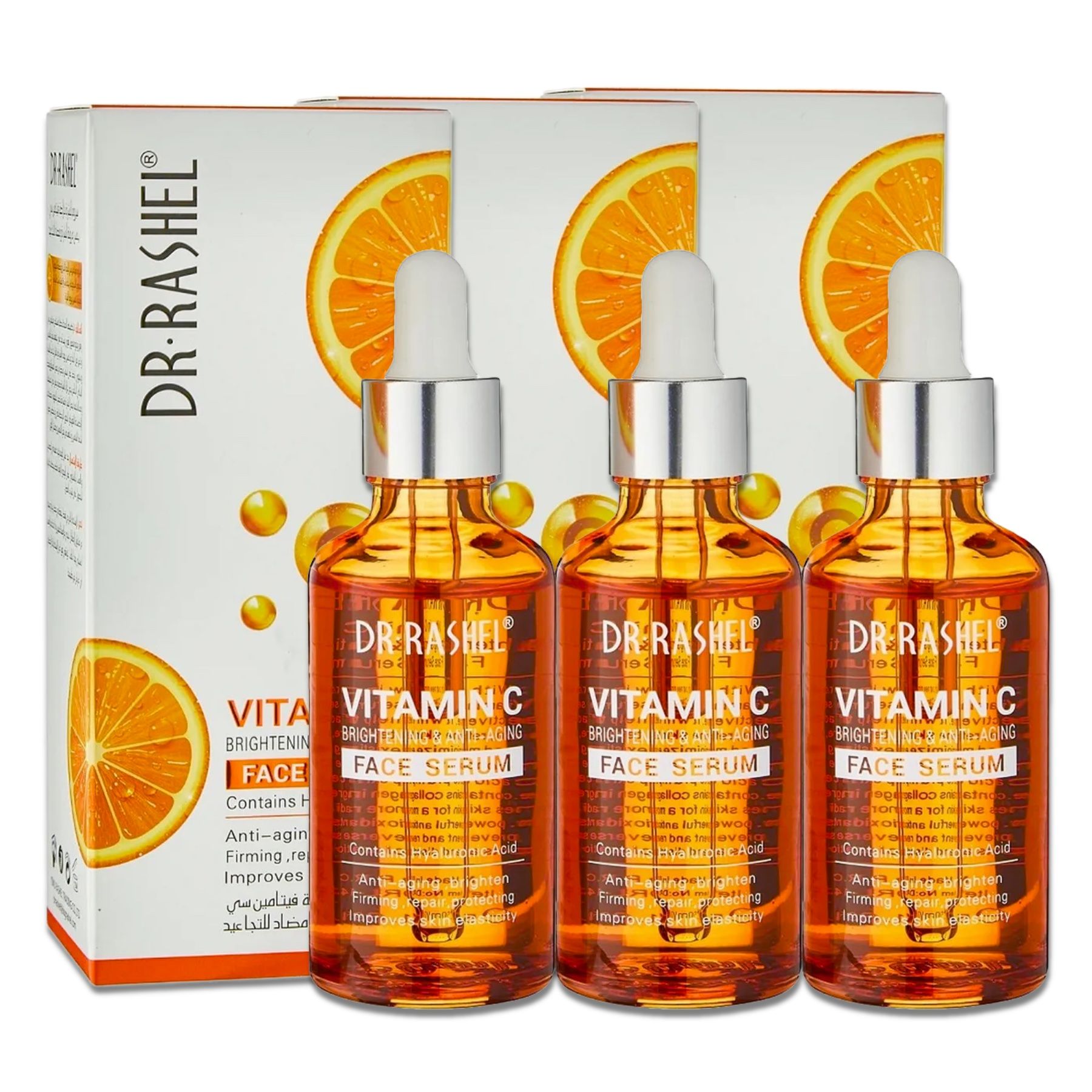 Drei Flaschen Serum mit Tropfer und Verpackung. Aufschrift: DR. RASHEL Vitamin C Face Serum.