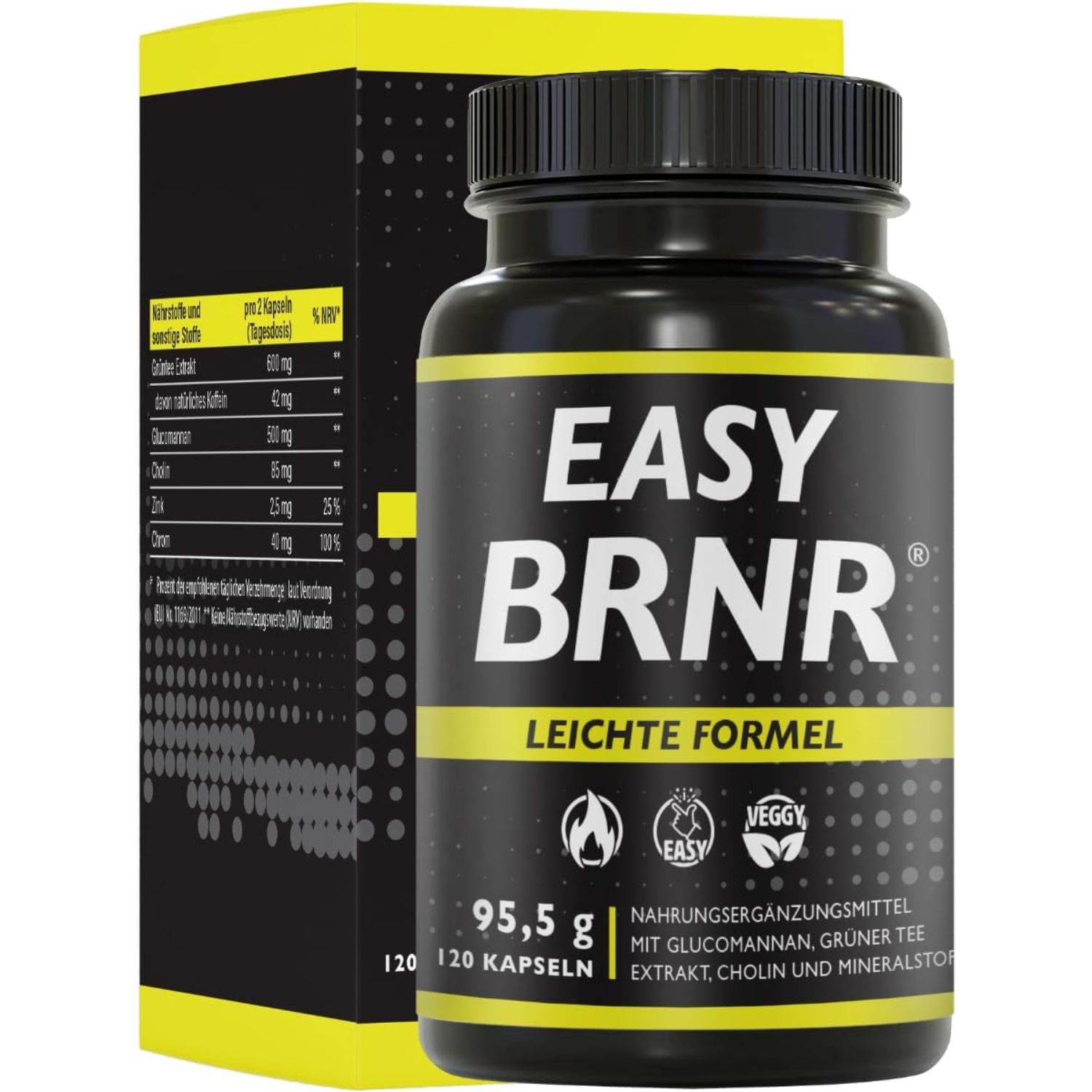 Schwarze Flasche mit schwarzem Deckel. Aufschrift "EASY BRNR". Gelber Streifen mit Text. 120 Kapseln, 95,5 g. Nahrungsergänzungsmittel.