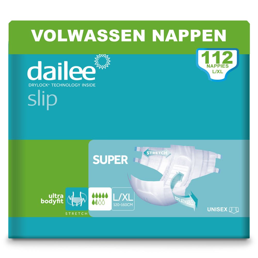 Verpakking Dailee Slip Super incontinentieluiers. L/XL, 120-160cm. Groen, blauw en wit. Unisex.