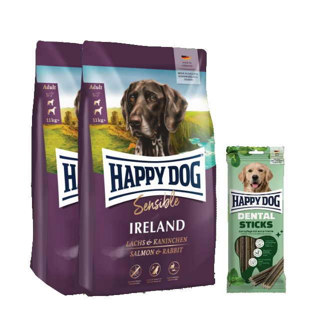 Happy Dog Sensible Ireland Doppelpack + Dental Sticks für Hunde 25,1 kg