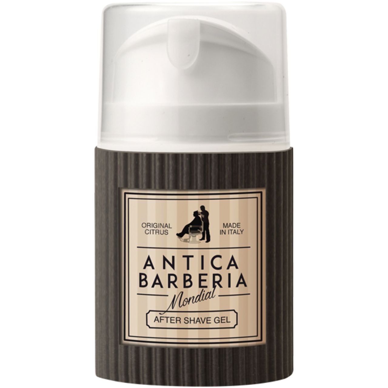 Zylinderförmige Flasche mit Pumpe. Auf dem Etikett: Antica Barberia, Mondial, After Shave Gel. Schwarze, geriffelte Hülle.