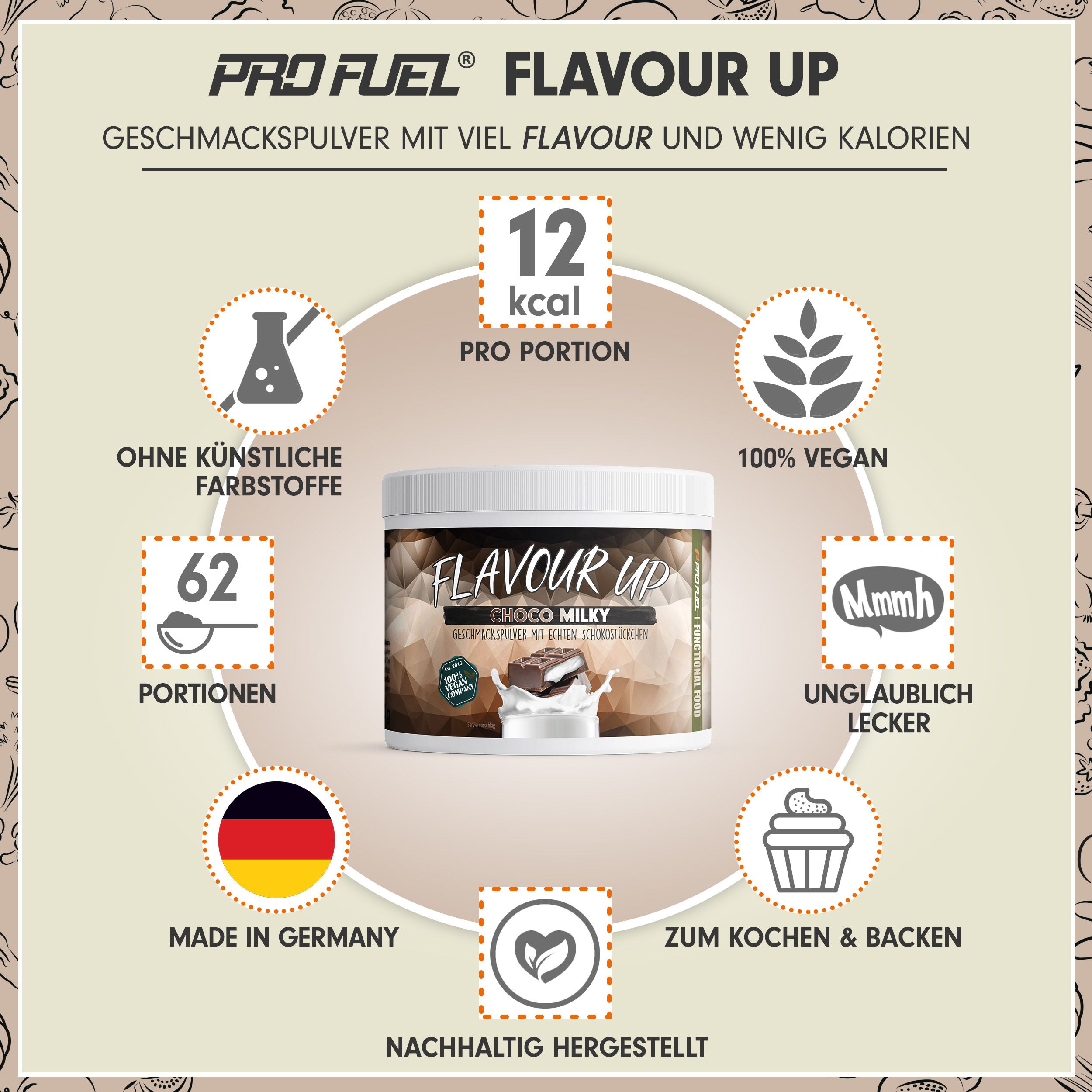 Produktglas mit "FLAVOUR UP Choco Milky". 12 kcal pro Portion. 100% vegan. 62 Portionen.