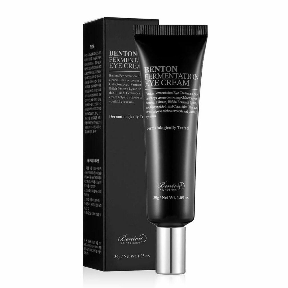 Schwarze Tube und Schachtel. Aufschrift: BENTON FERMENTATION EYE CREAM. Text und Logo. Dermatologisch getestet. 30g/Net Wt. 1.05 oz.