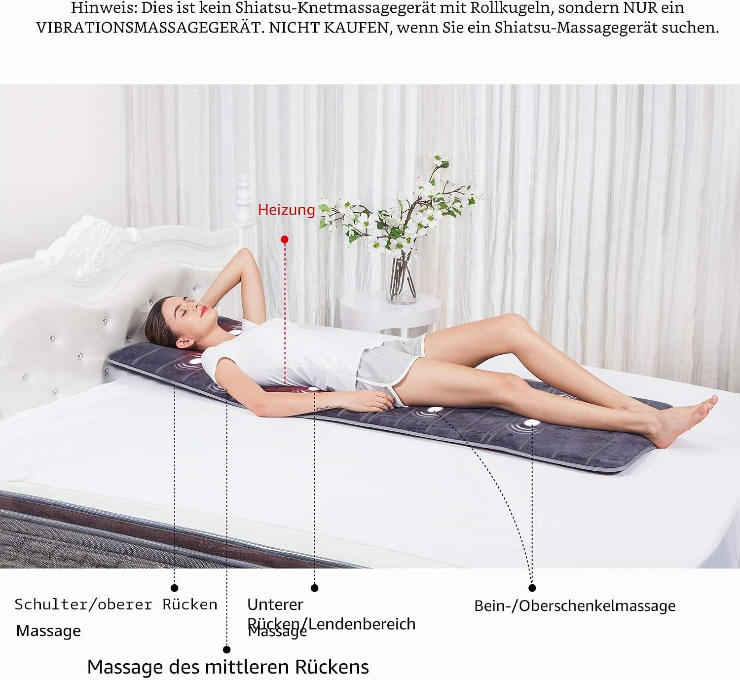 Massageauflage mit Heizfunktion und Vibrationspunkten für Schulter, Rücken und Beine. Mit Fernbedienung.