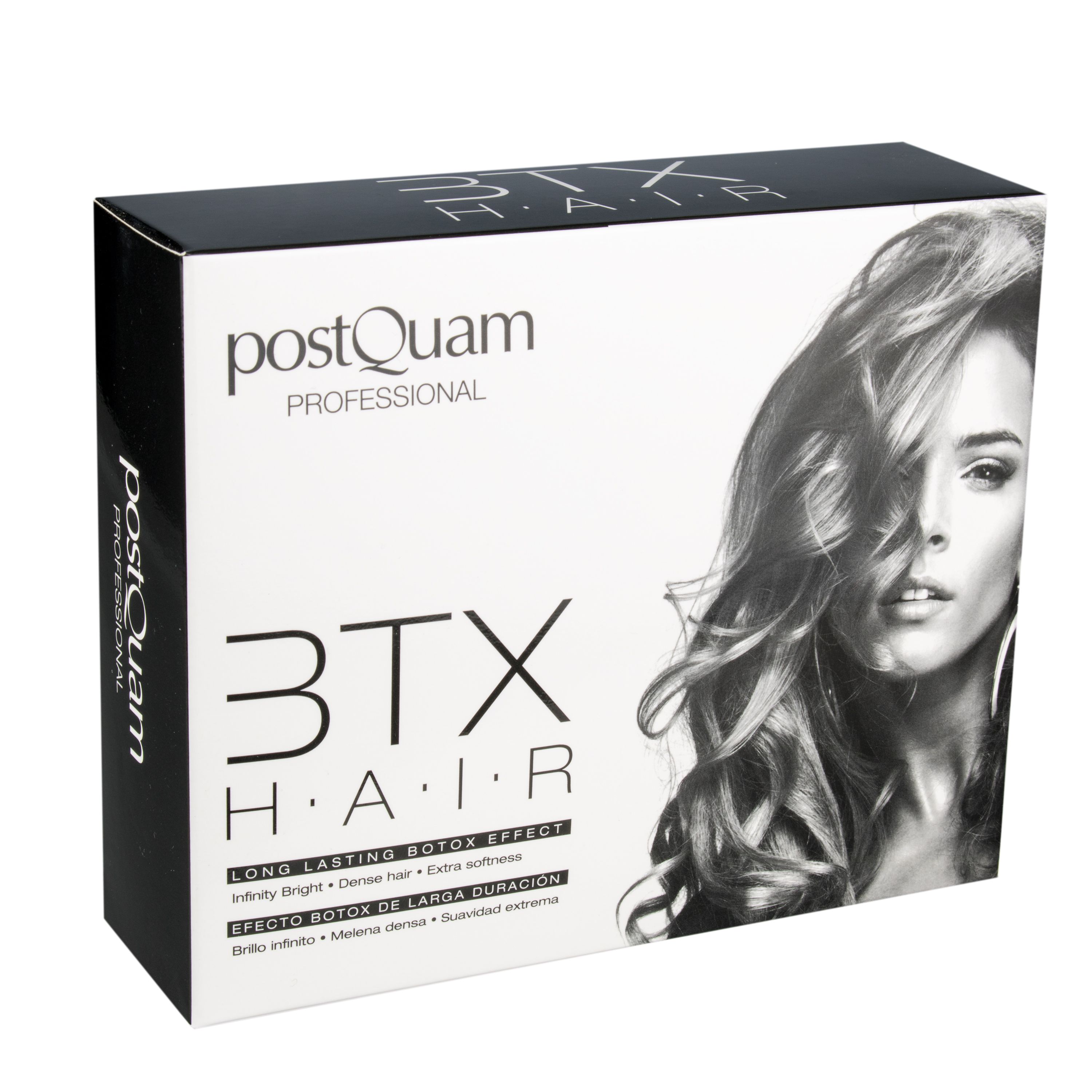 Produktverpackung mit Aufdruck: PostQuam, 3TX HAIR. Abbildung einer Frau mit welligem Haar.