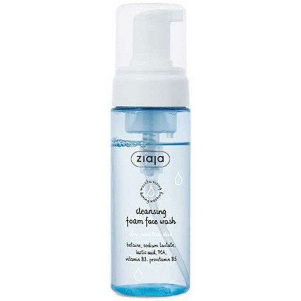 Transparente Flasche mit Pumpverschluss. Aufschrift: Ziaja, cleansing foam face wash. Blaue Flüssigkeit sichtbar. Blaue Tropfen-Symbole.