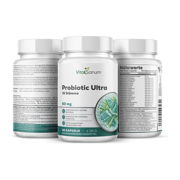 VitaSanum Probiotic Ultra Kapseln: Drei Behälter mit detaillierten Nährwertangaben und Produktinformationen.