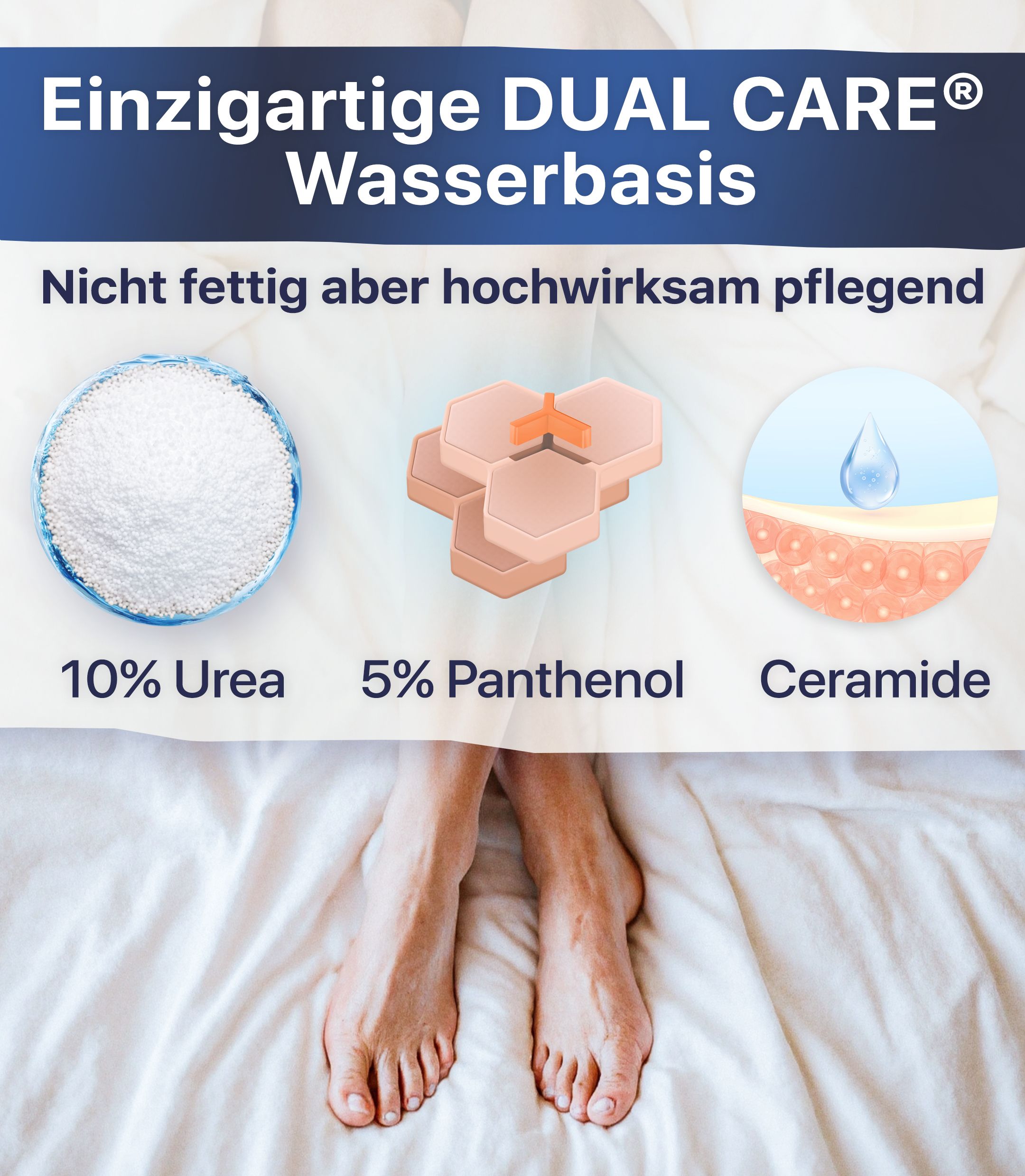 DIATHERA Derma Fußpflege-Spray: DUAL CARE Wasserbasis mit 10% Urea, 5% Panthenol, Ceramid. Pflegt intensiv.