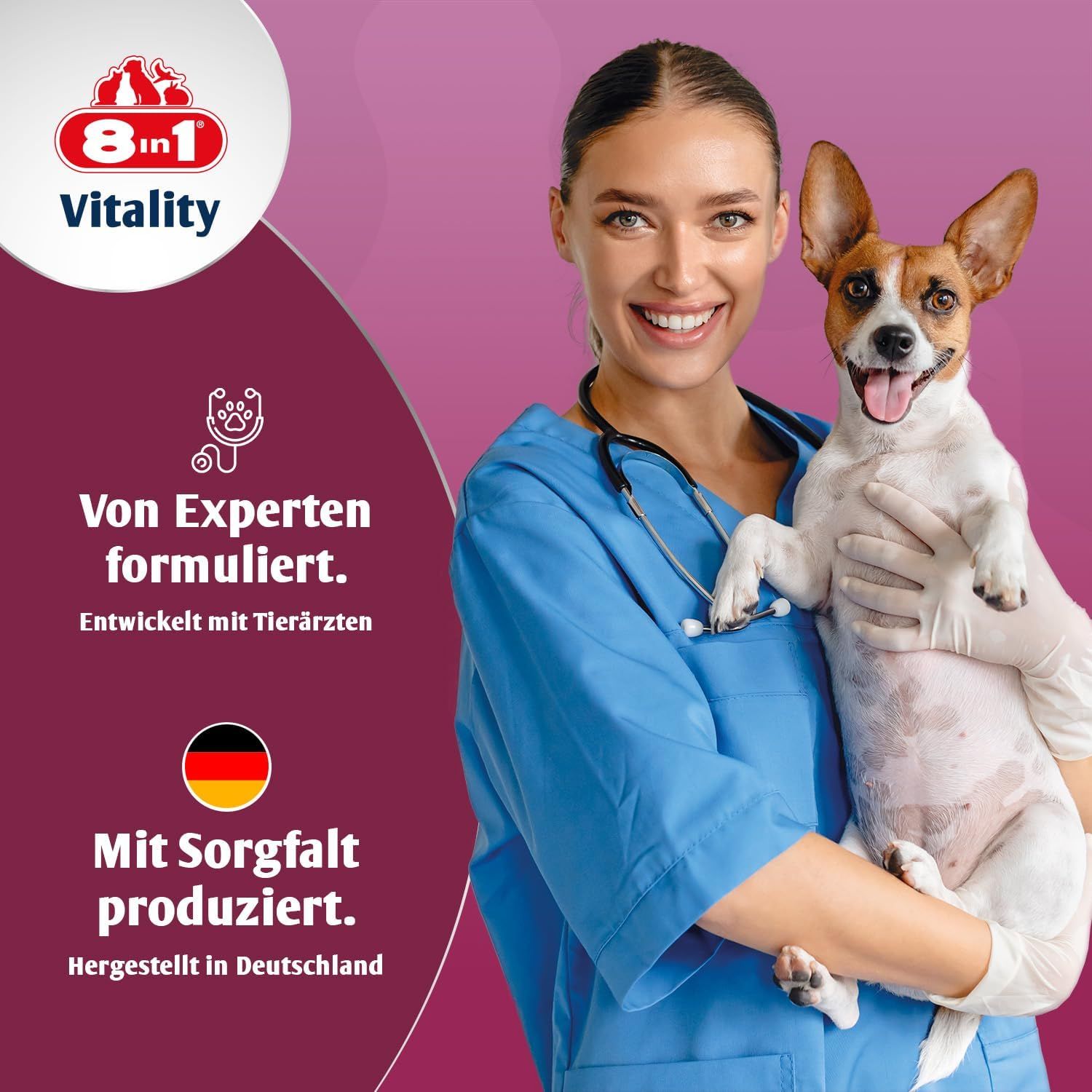 Tierärztin hält Hund, Logo 8in1 Vitality, "Von Experten formuliert"
