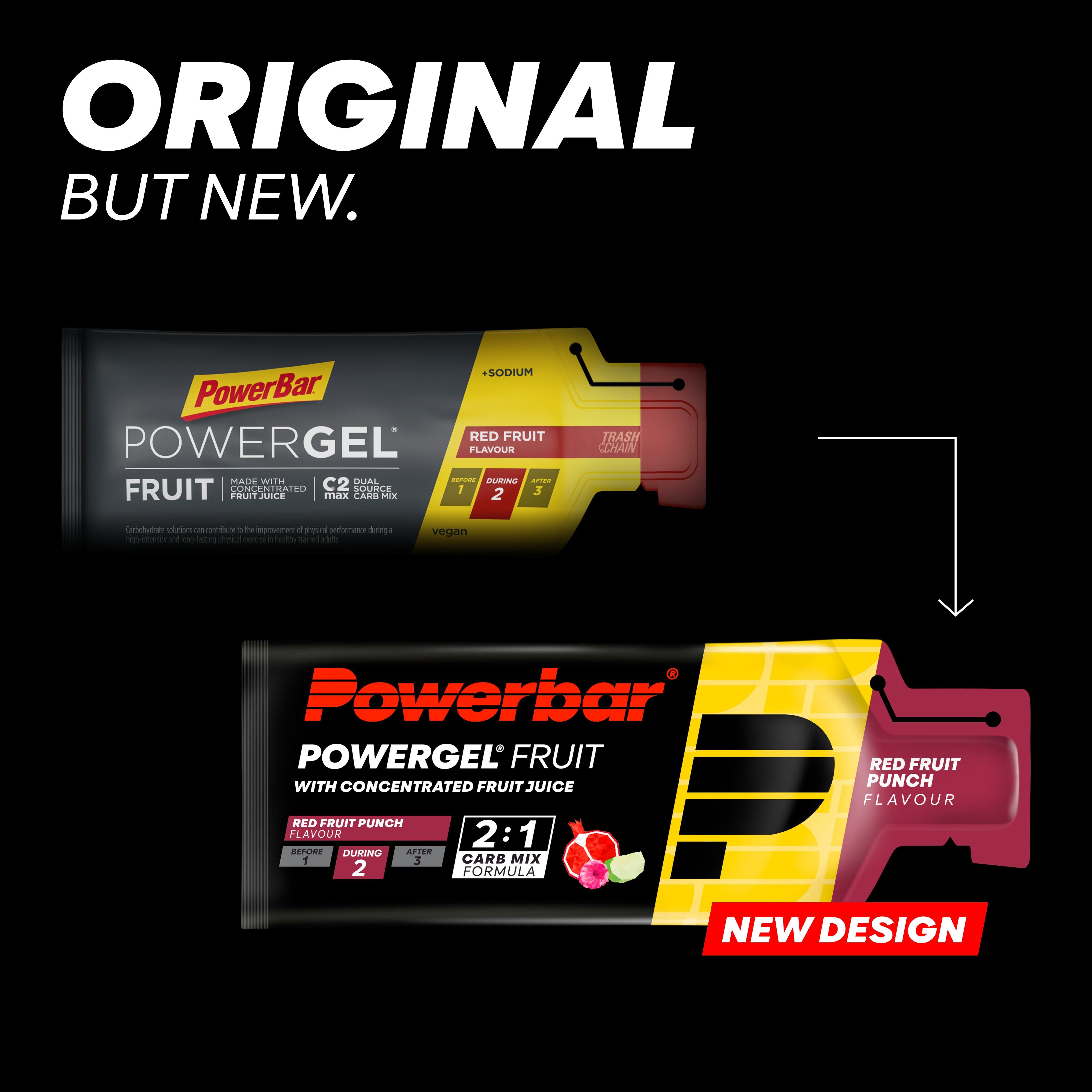 Vergleich von PowerBar PowerGel Fruit. Oben: älteres Design. Unten: neues Design. Aufschrift: Red Fruit Punch Flavour.