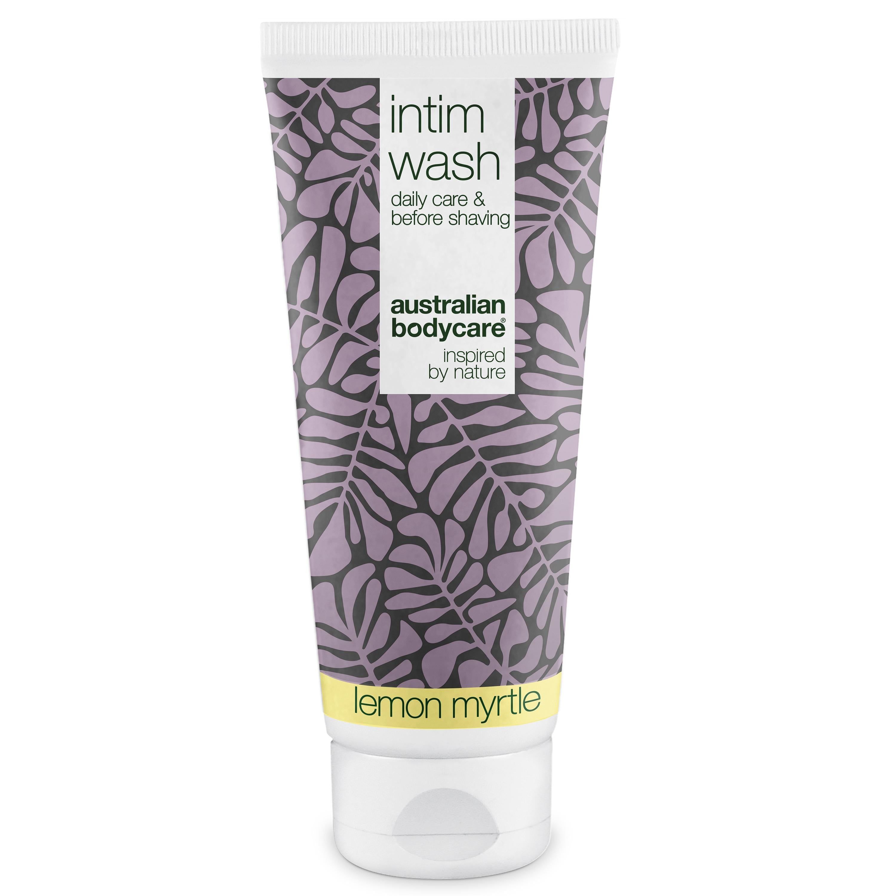 Tube Intimseife mit Lemon Myrtle. Weißer Deckel, lila Muster. Text: Intim Wash, Australian Bodycare.