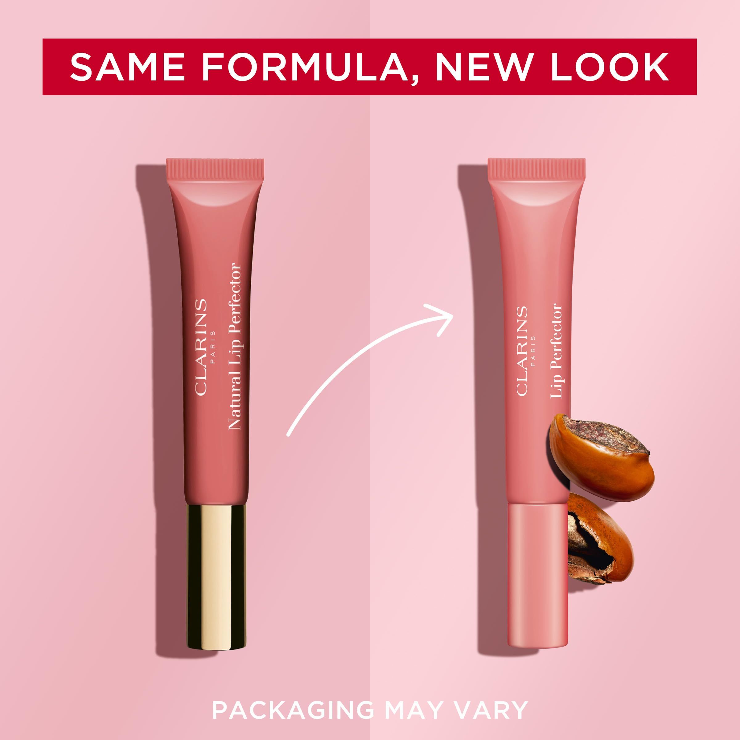 Zwei Clarins Lip Perfector Tuben. Links: Original. Rechts: Neue Verpackung. Aufschrift Natural Lip Perfector.