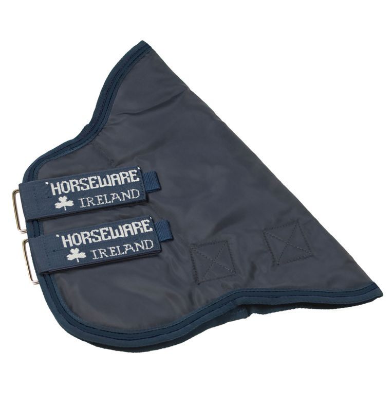 Dunkelblaues Halsteil. Zwei Riemen mit Markenlogo. Blaue Einfassung.