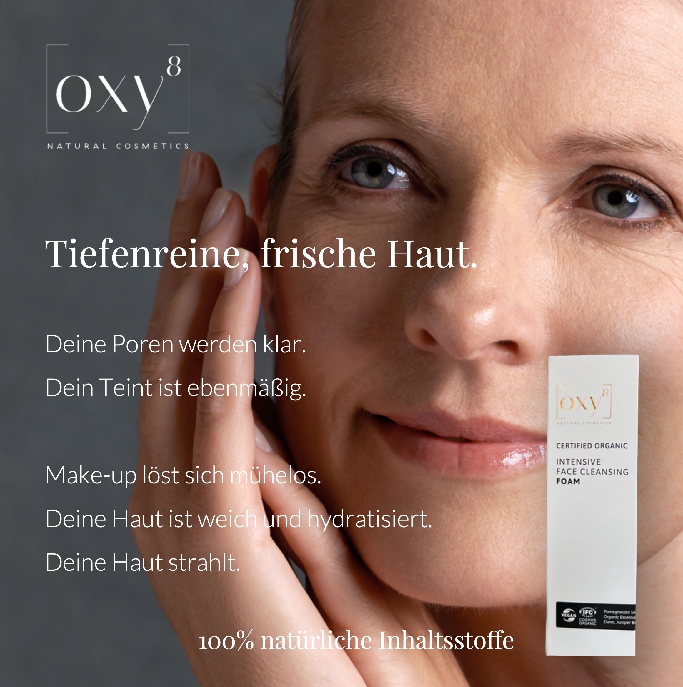 Frau mit Gesicht. Weiße Flasche mit Sprühkopf. Text: Intensive Face Cleansing Foam. Logos.