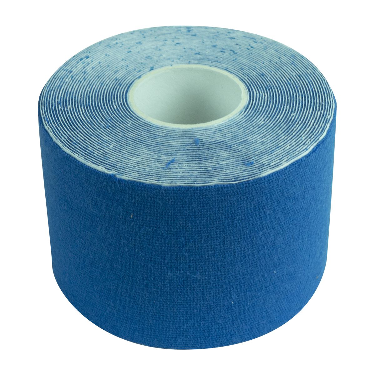 Blaues Kinesiologie-Tape, aufgerollt. Baumwolle. Kern aus Pappe. Nahaufnahme.