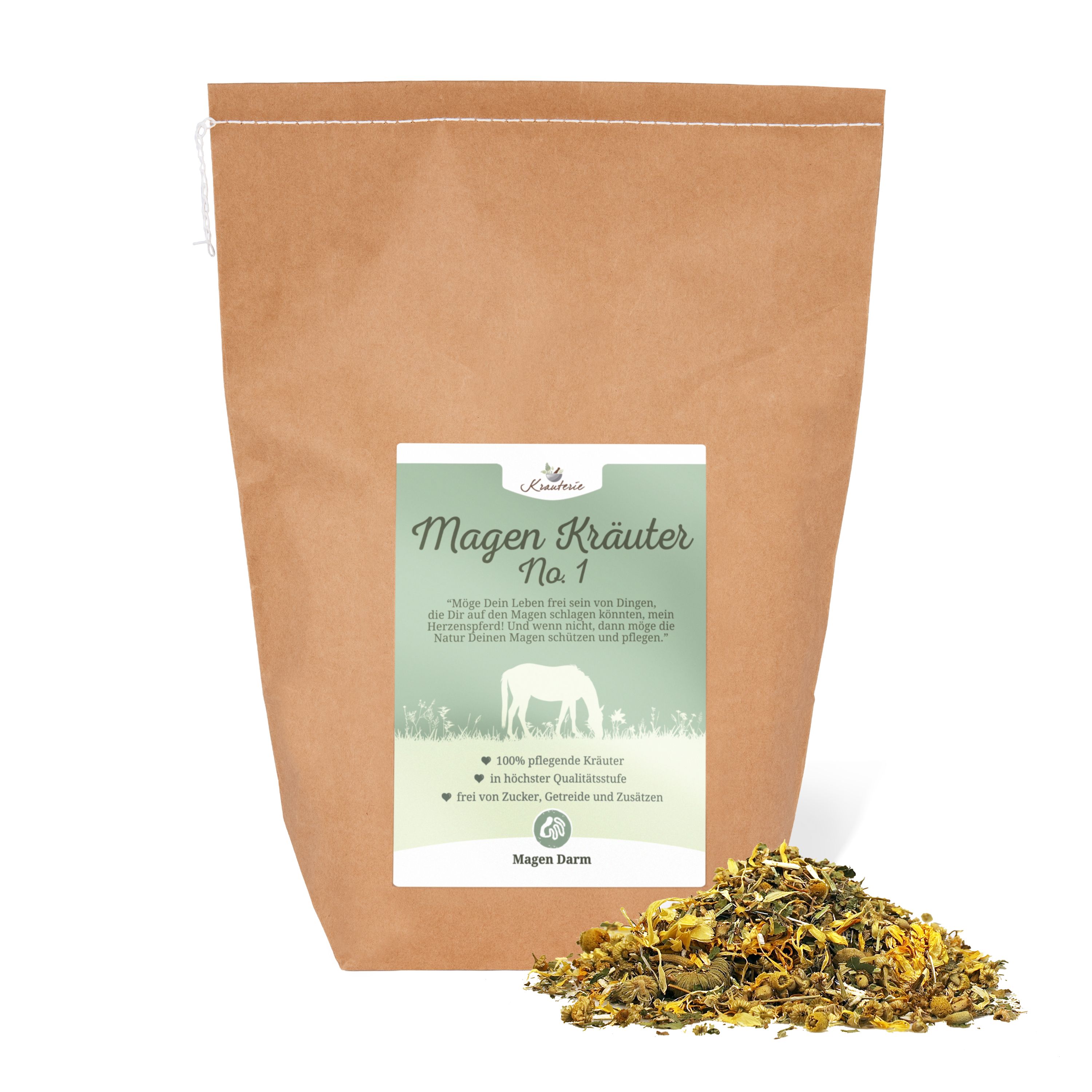 Braune Papiertüte mit Etikett. Kräutermischung daneben. Etikett mit Text und Logo.