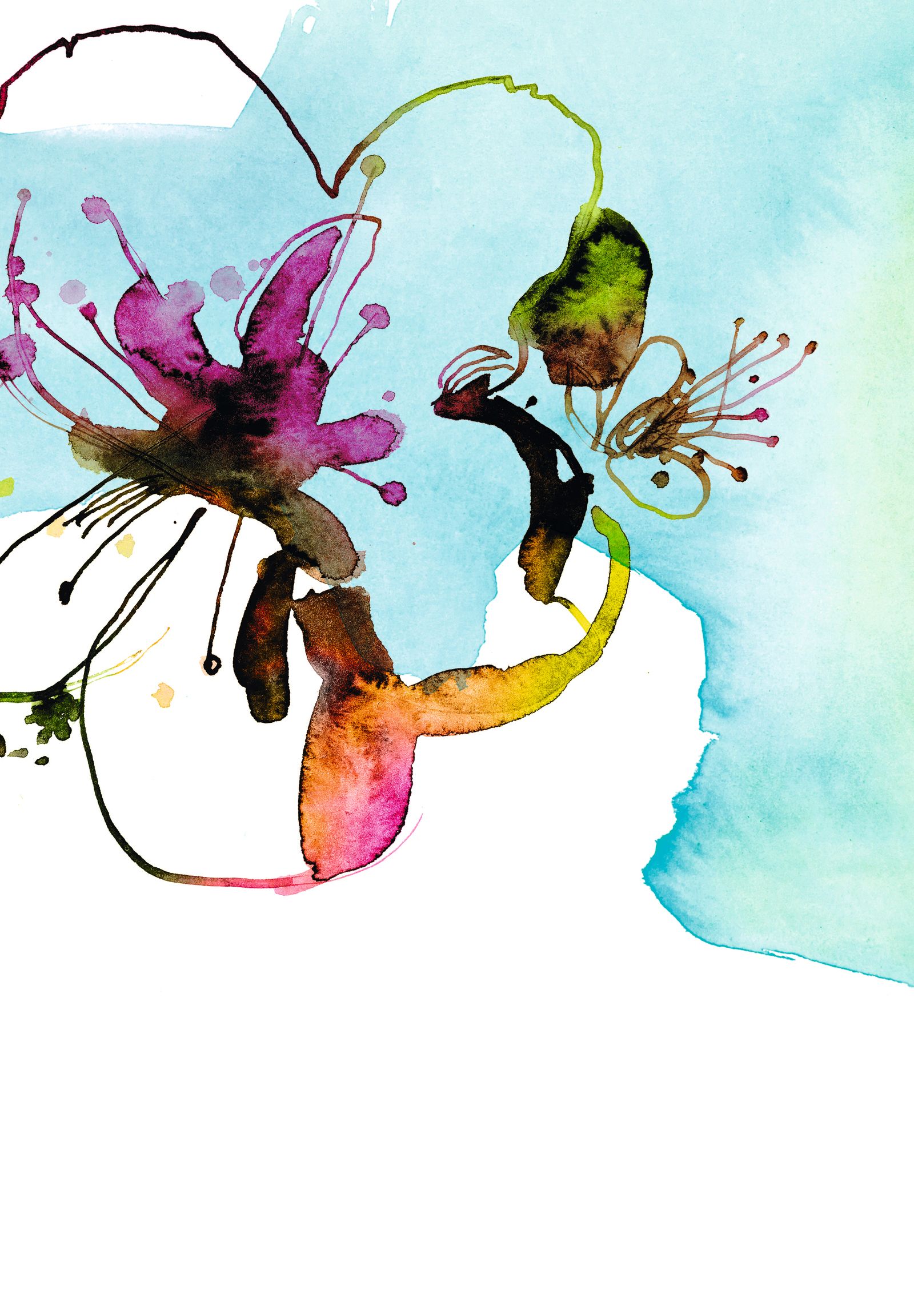 Ausschnitt einer Aquarellmalerei. Abstrakte Darstellung einer Blume in Rosa, Braun, Gelb und Grün auf blauem Hintergrund.