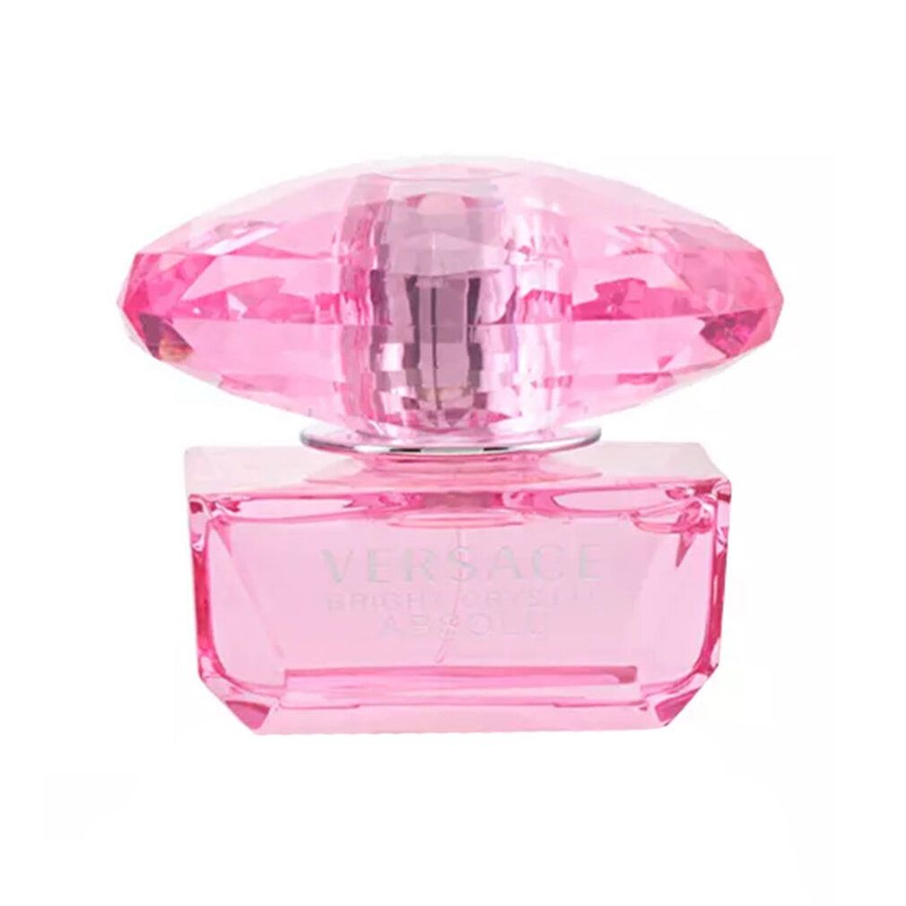 Rosa Parfumflasche mit Kristallverschluss. Aufschrift: Versace Bright Crystal Absolu. Eckige Form.