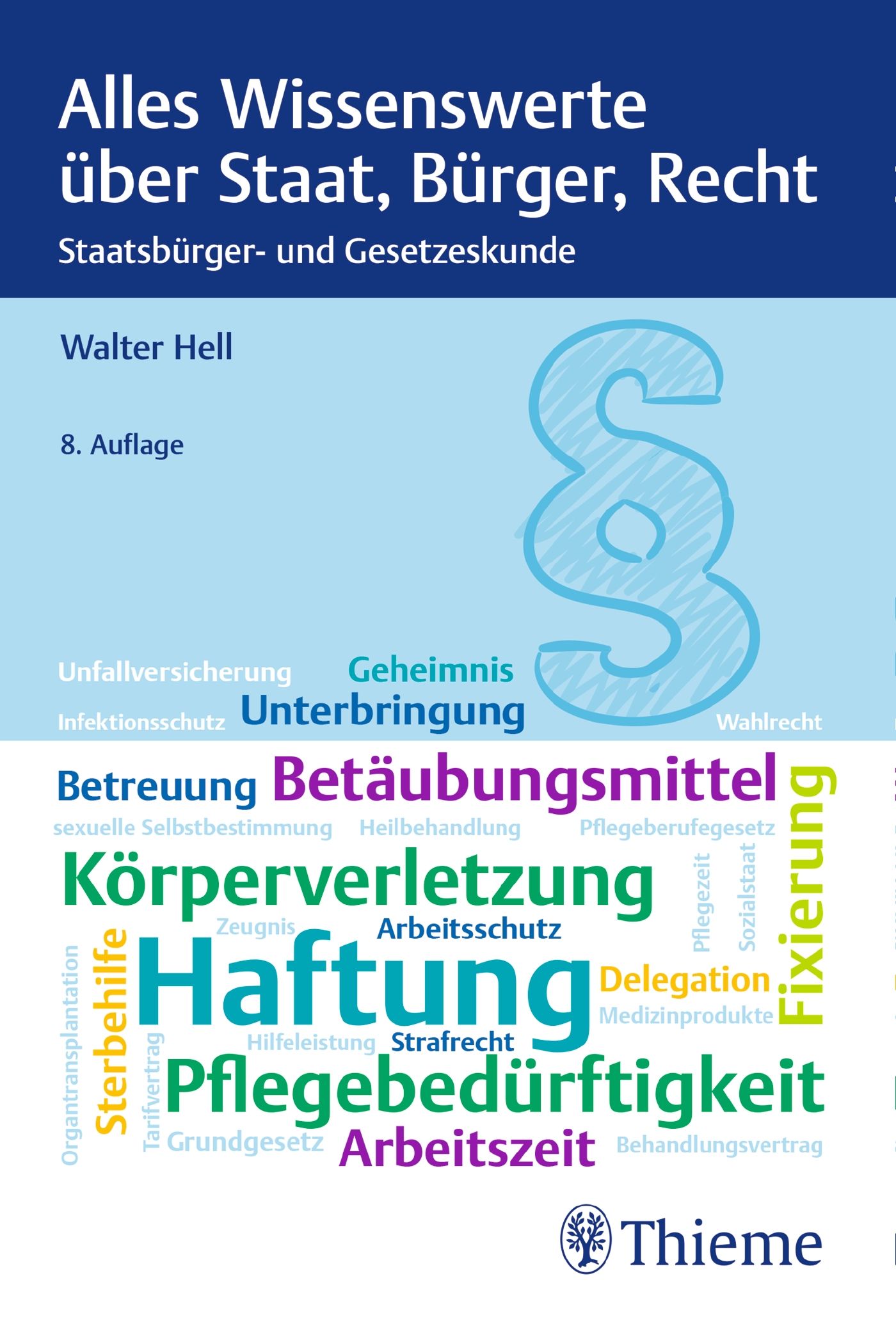 Buchcover: Alles Wissenswerte über Staat, Bürger, Recht. Autor: Walter Hell. Verlag Thieme. Enthält Schlagwörter wie Betäubungsmittel und Haftung.