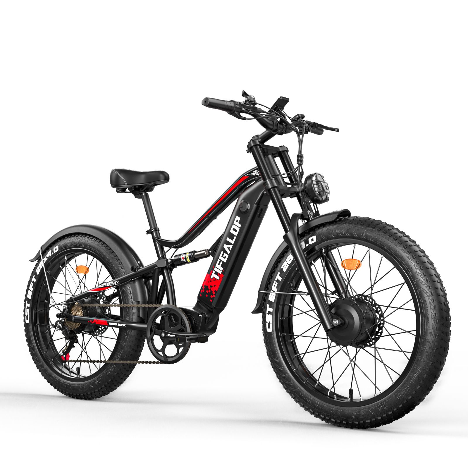 Schwarzes Elektrofahrrad mit breiten Reifen. Marke TIFGALOP. Gepäckträger und Scheinwerfer.