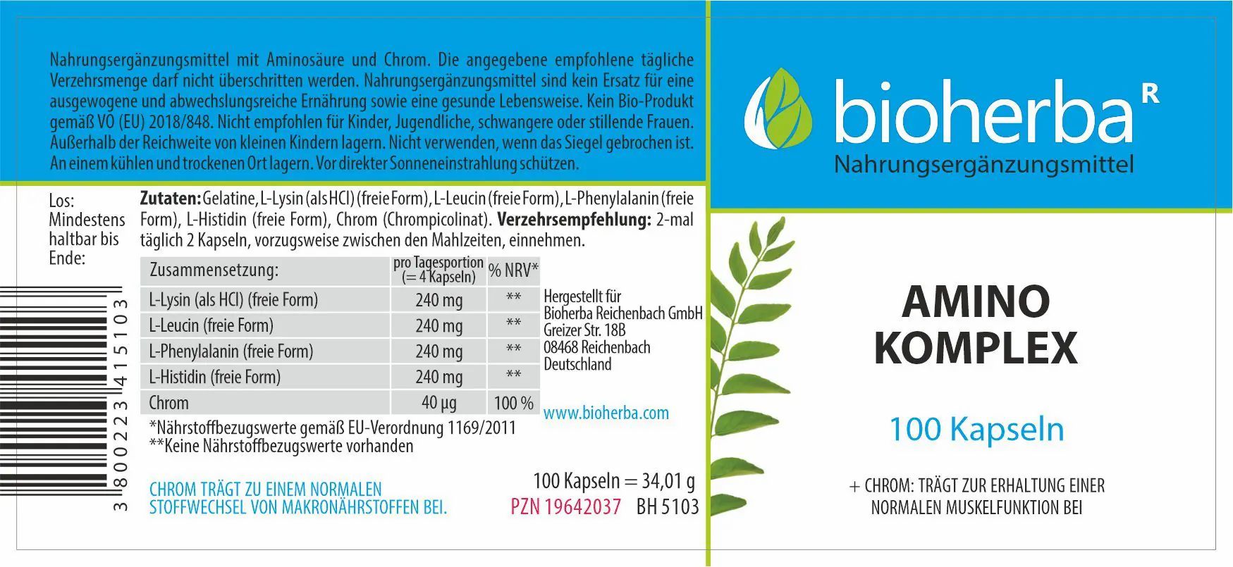 Weißes Etikett mit blauem Streifen. Text mit Inhaltsstoffen und Nährwertangaben. "Amino Komplex" und "100 Kapseln" sichtbar.