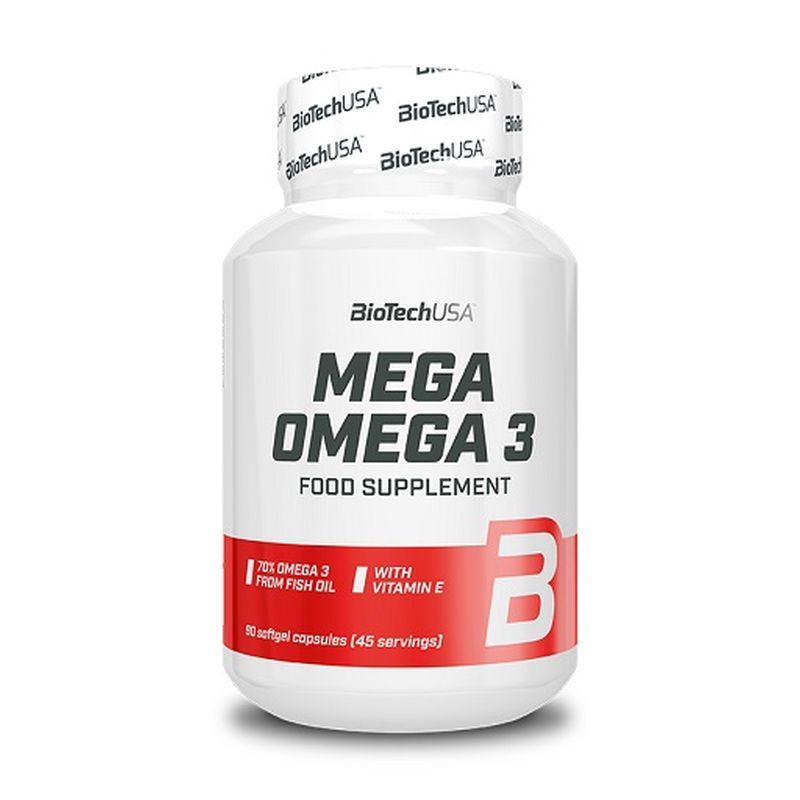 Weiße Flasche mit Mega Omega 3-Nahrungsergänzungsmittel. Aufschrift: BioTechUSA, Mega Omega 3, 70% Omega 3 aus Fischöl, Vitamin E.