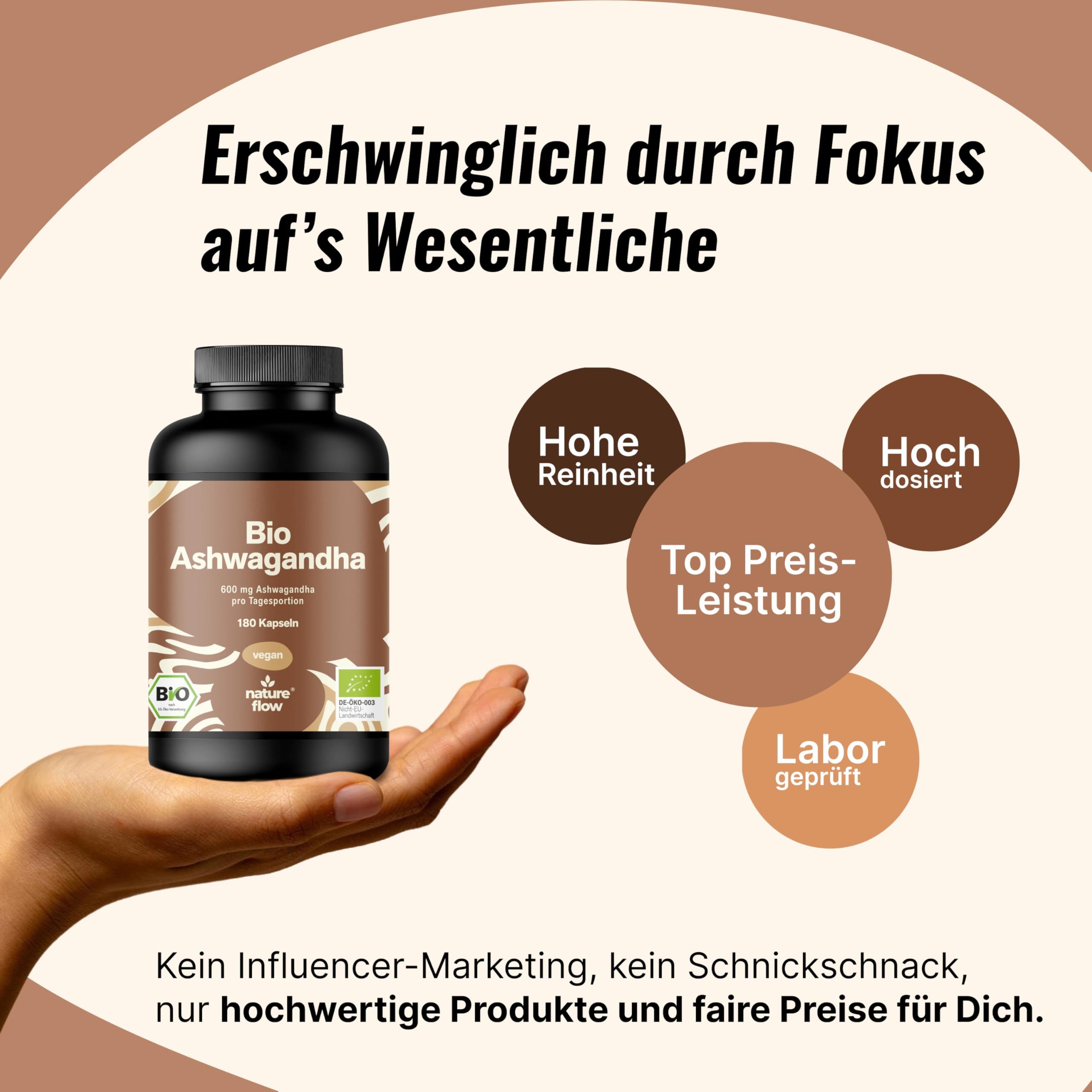 Bio Ashwagandha Hochdosiert - 180 Kapseln - KSM-66® - 3 Monate Vorrat - Nature Flow