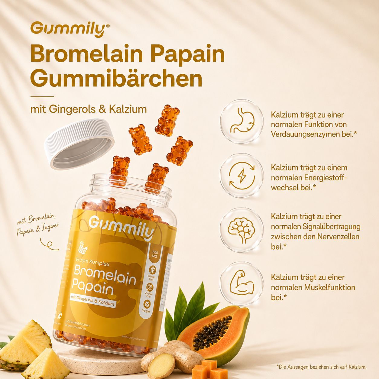 Gummily Bromelain Papain Gummibärchen mit Fokus auf Verdauung, Energie, Nerven und Muskeln.