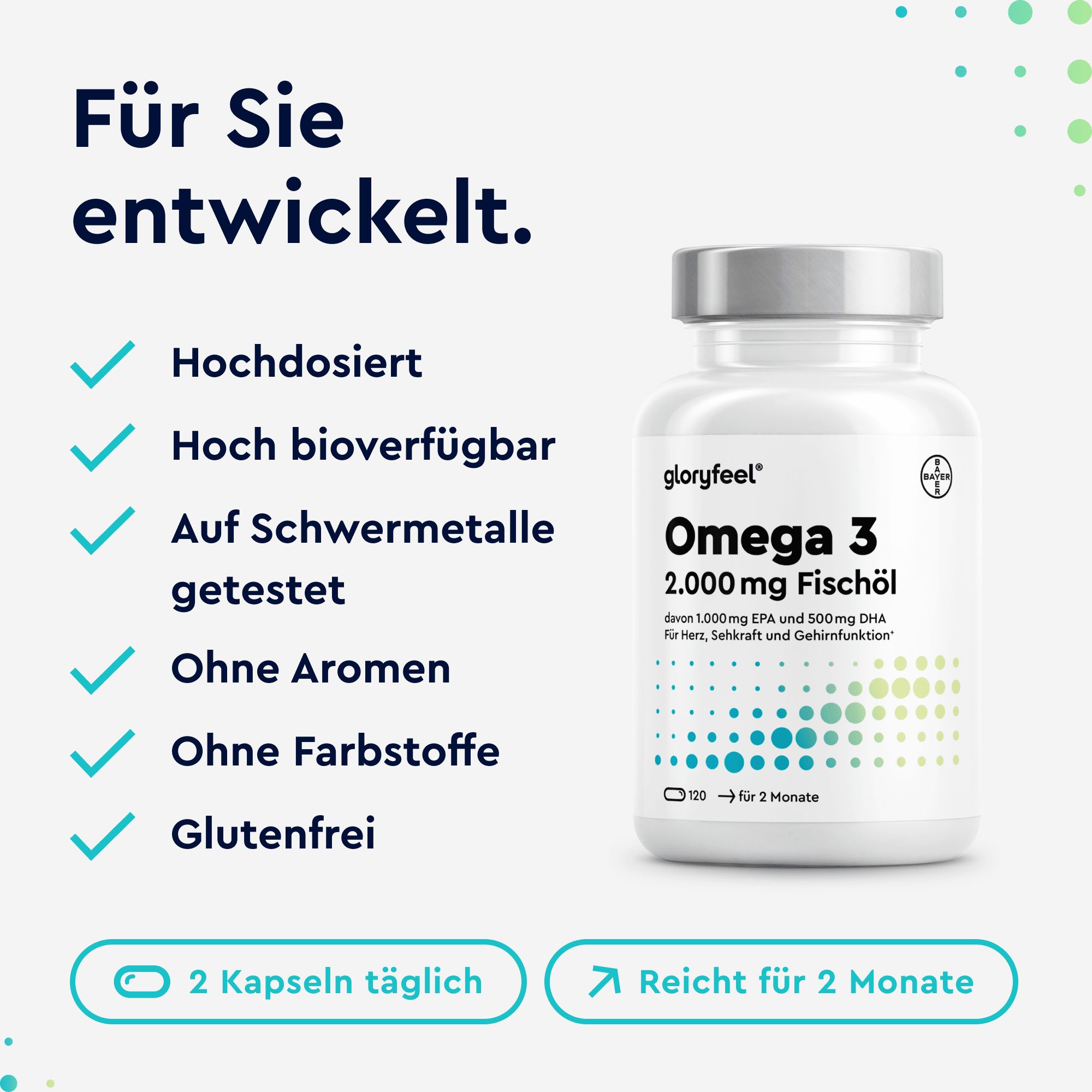 Produktabbildung: Weiße Flasche mit gloryfeel Omega 3 Kapseln. Aufzählung von Eigenschaften: hochdosiert, glutenfrei.