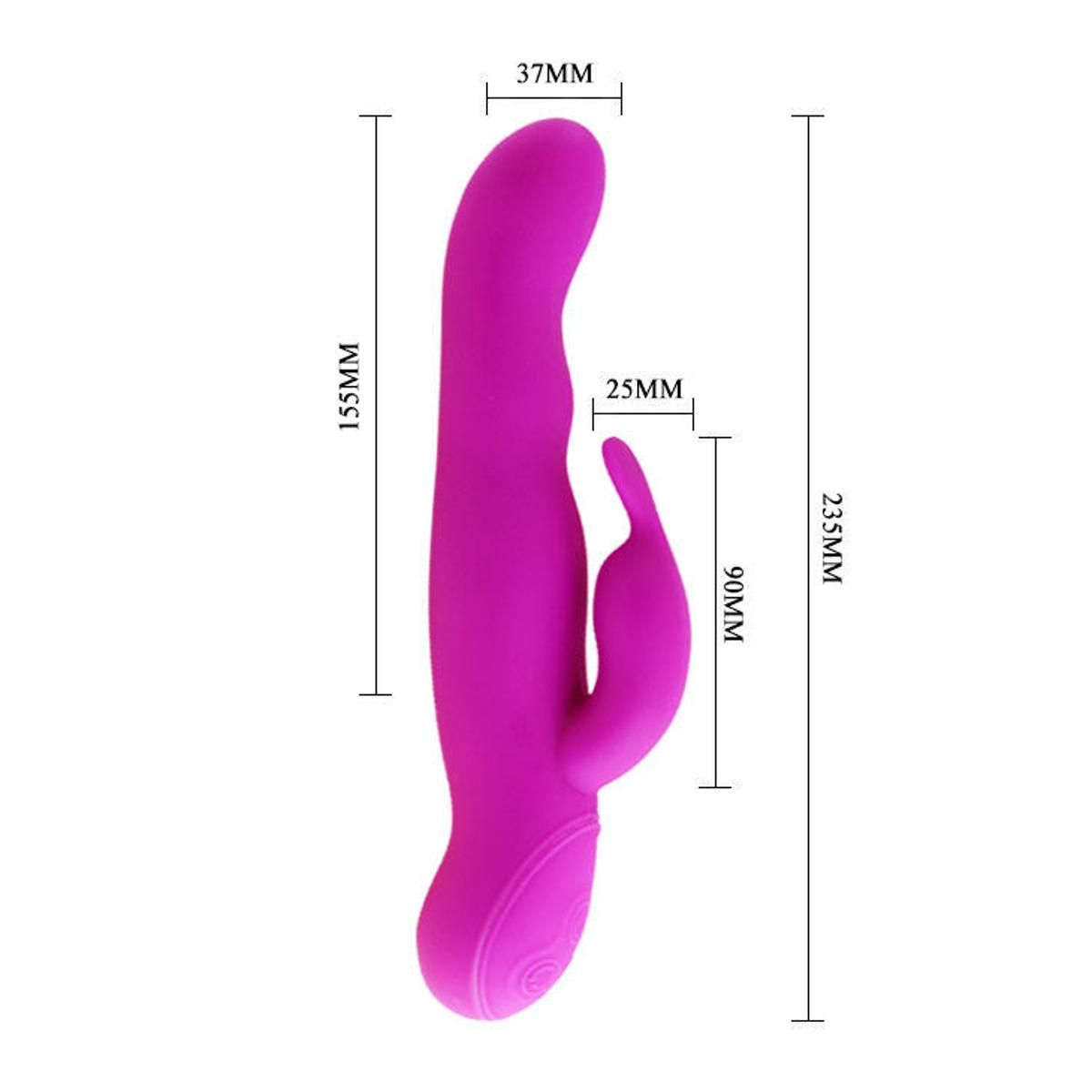 Lila Vibrator mit gebogener Form und einem kleineren Teil. Maße in mm angegeben.