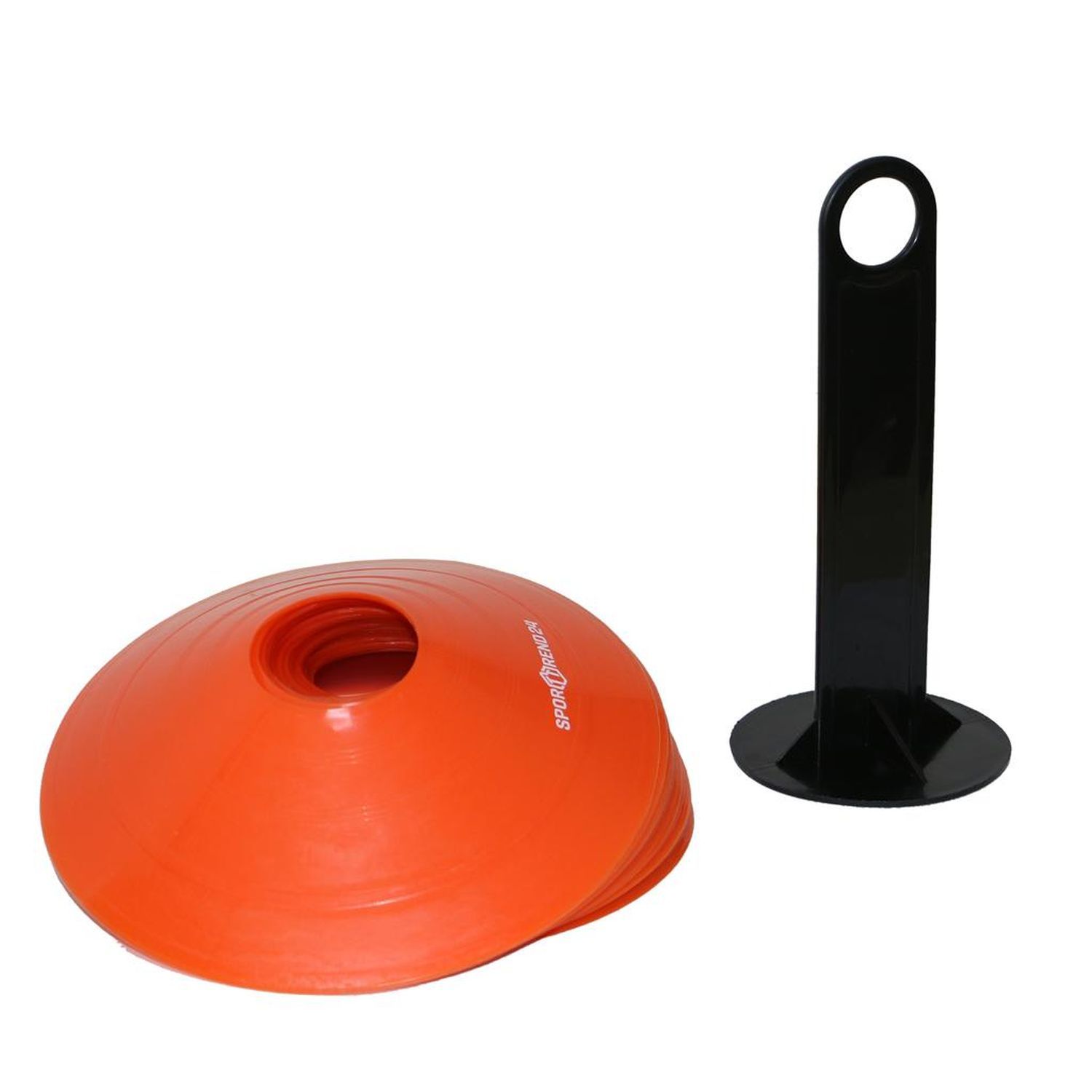 Orange Markierungshütchen und schwarzer Griff. Aufschrift: Sporttrend24. Griff steht daneben.