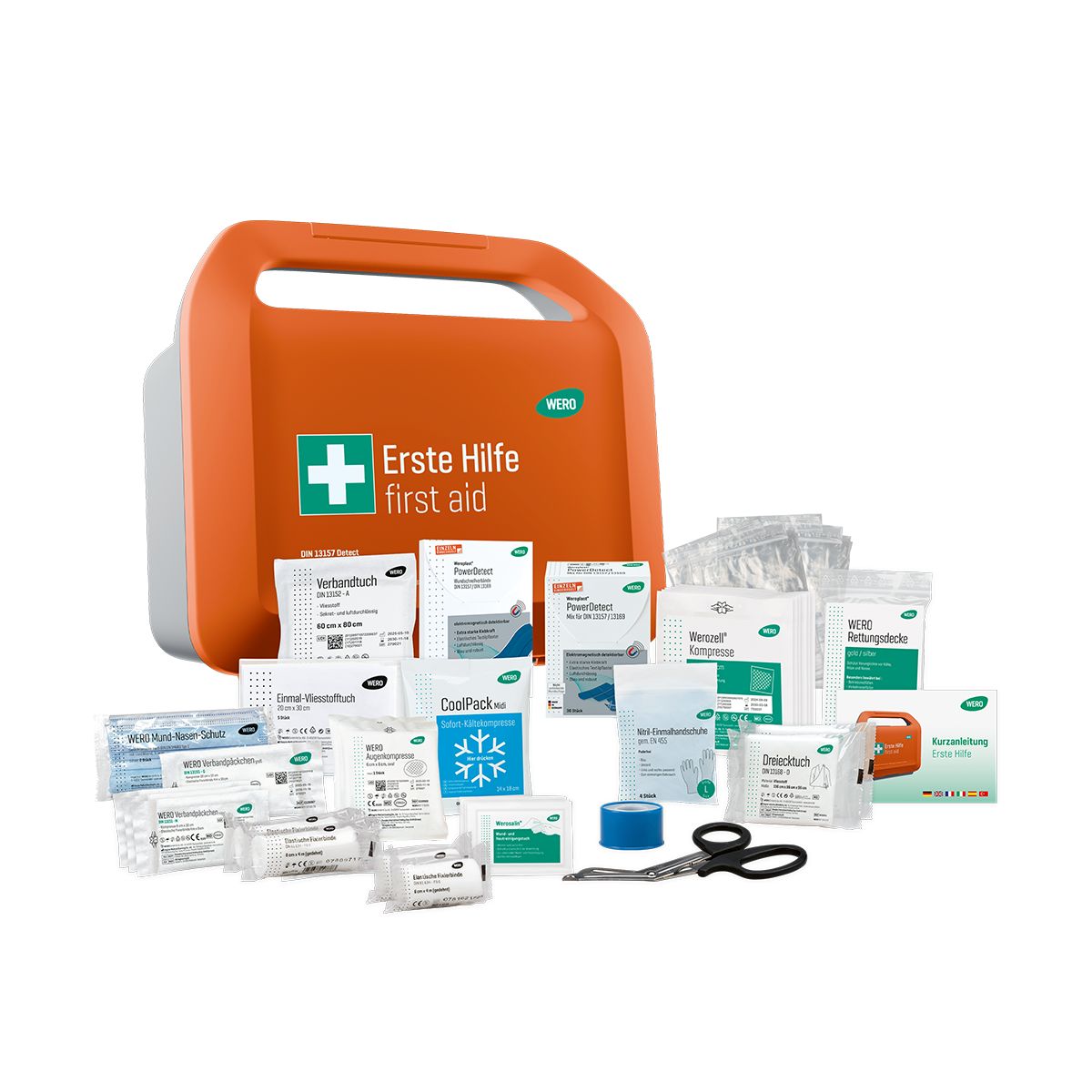 Erste-Hilfe-Koffer mit Inhalt: Verbandsmaterial, Pflaster, Schere, Kühlpack. Orange und weiße Verpackungen.