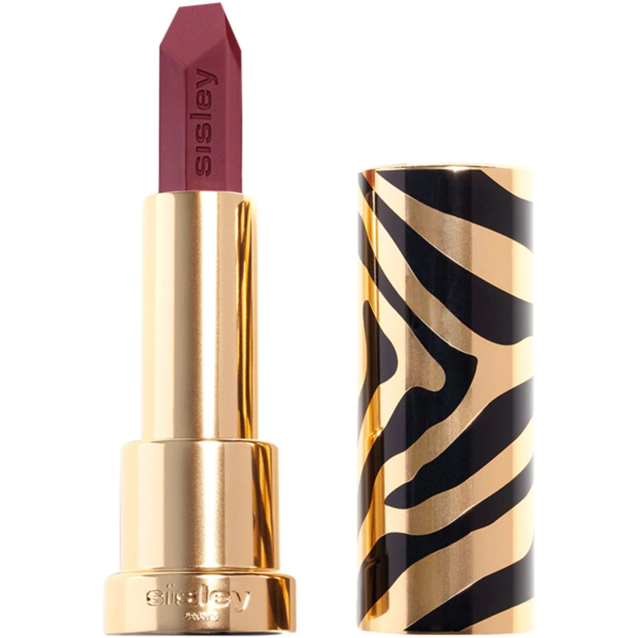 Lippenstift mit goldfarbenem Gehäuse und Zebrastreifenmuster. Der Lippenstift ist geöffnet und zeigt eine burgunderrote Spitze. Marke: Sisley.