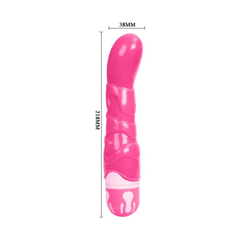 Pinkfarbener Vibrator mit geriffelter Oberfläche. Abmessungen: 218mm x 38mm. Vertikale Ansicht.