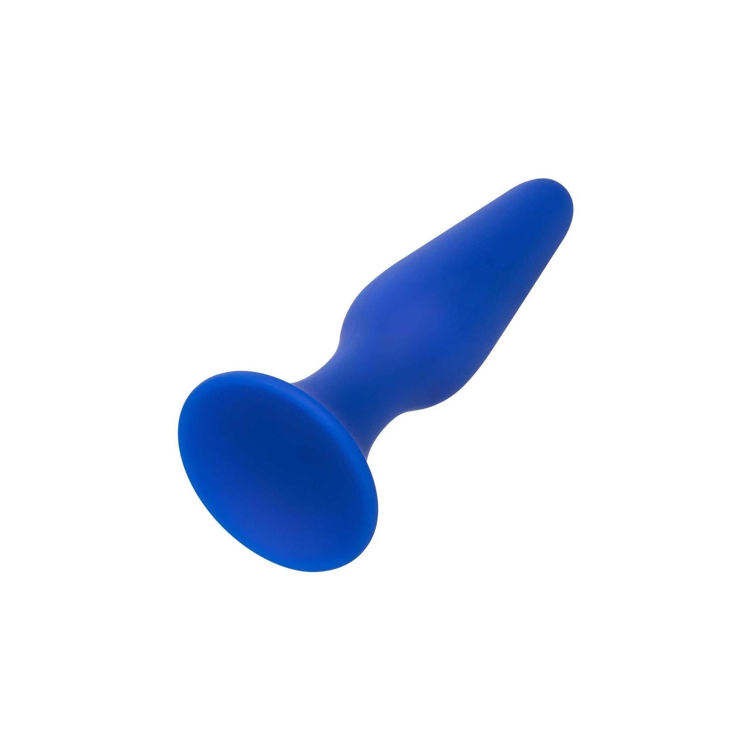 Blauer Analplug aus Silikon mit breiter Basis und konischer Form.