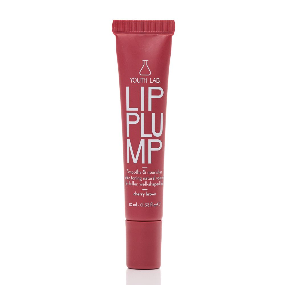 Rote Tube mit YOUTH LAB LIP PLUMP. Text: Cherry Brown. Enthält 10 ml. Produkt für die Lippenpflege.