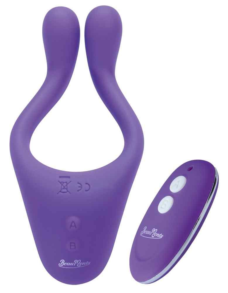 Lila Wellness-Produkt und Fernbedienung. Marke "BeauMents". Produkt mit zwei Enden und Bedienknöpfen. Fernbedienung mit zwei Knöpfen.