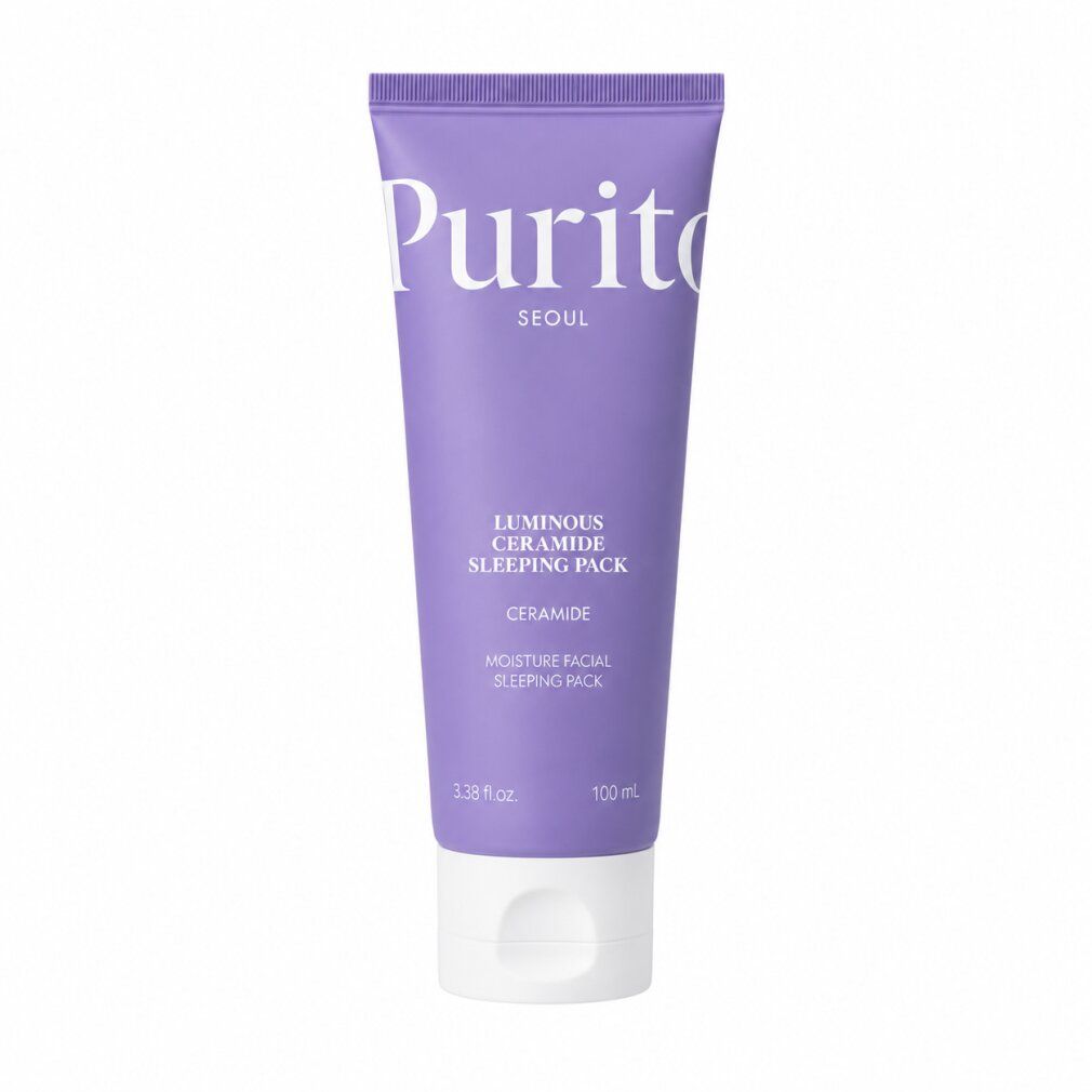 Eine Tube Purito Dermide Cica Barrier Sleeping Pack mit weißem Deckel und lila Körper, vorne mit Produktinformationen.