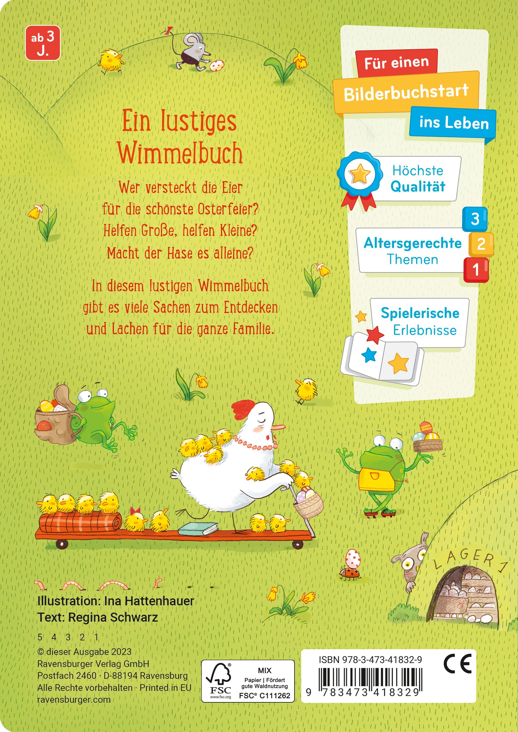 Rückseite des Buches "Viel Wimmelei ums Osterei". Text und Illustrationen mit Hühnern und Küken. Verlag Ravensburger.