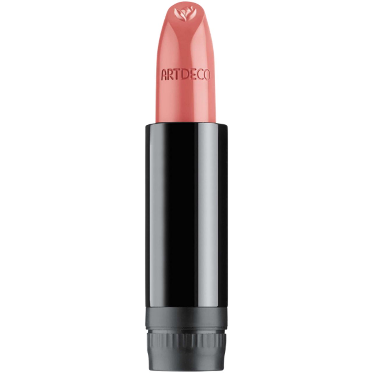 Lippenstift, rosa Farbton. Schwarze Hülse mit Artdeco-Schriftzug. Oberteil mit floralem Muster.
