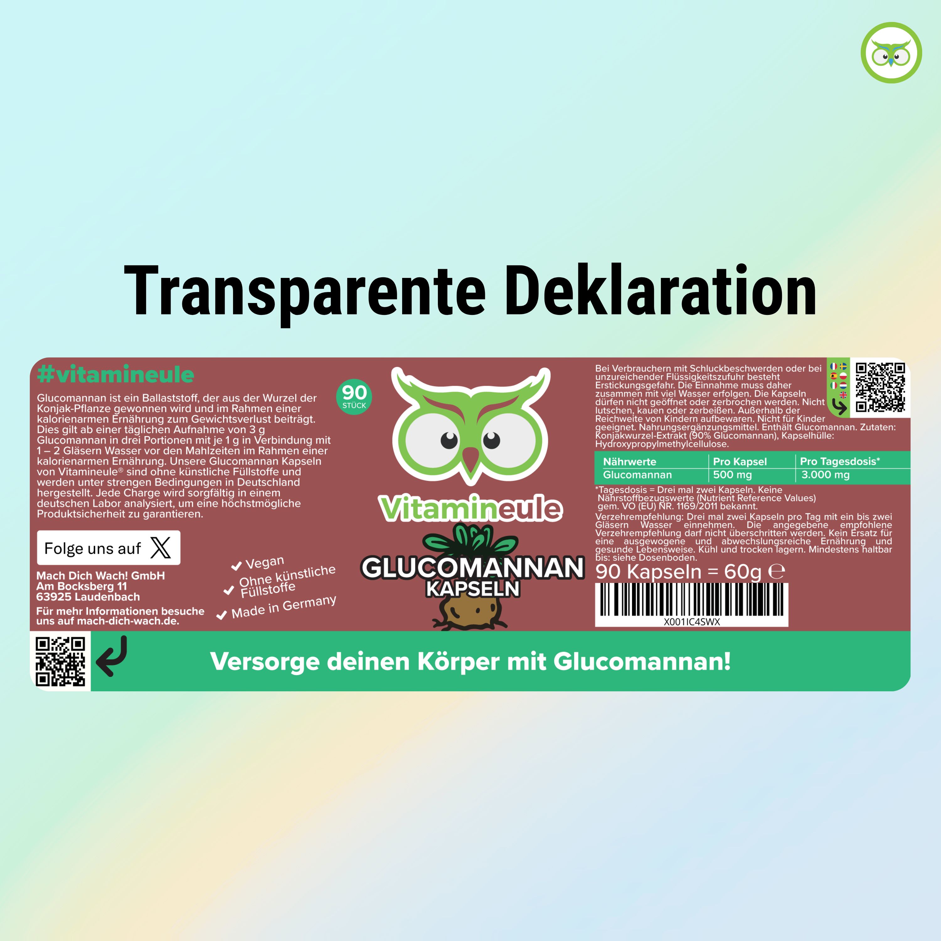 Etikett mit Informationen zu Glucomannan Kapseln. 90 Kapseln, 60g. #vitamineule, vegan, ohne künstliche Zusätze, Made in Germany.